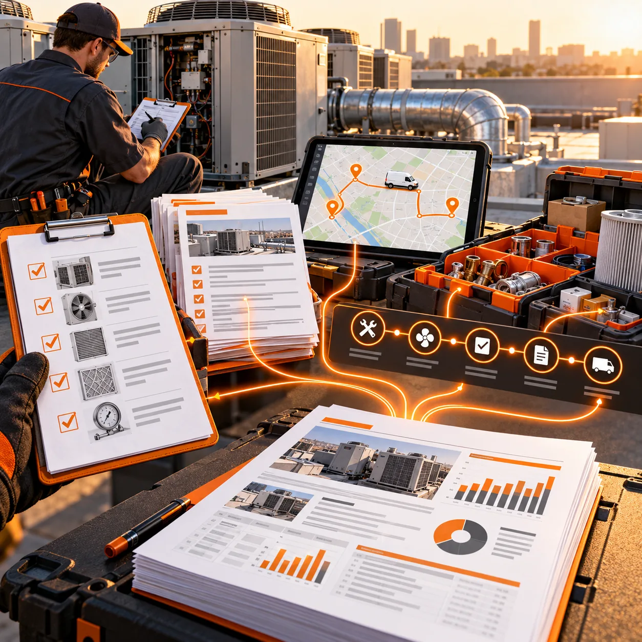 HVAC reporting workspace with rooftop units, service clipboard, technician route map, parts inventory and maintenance report