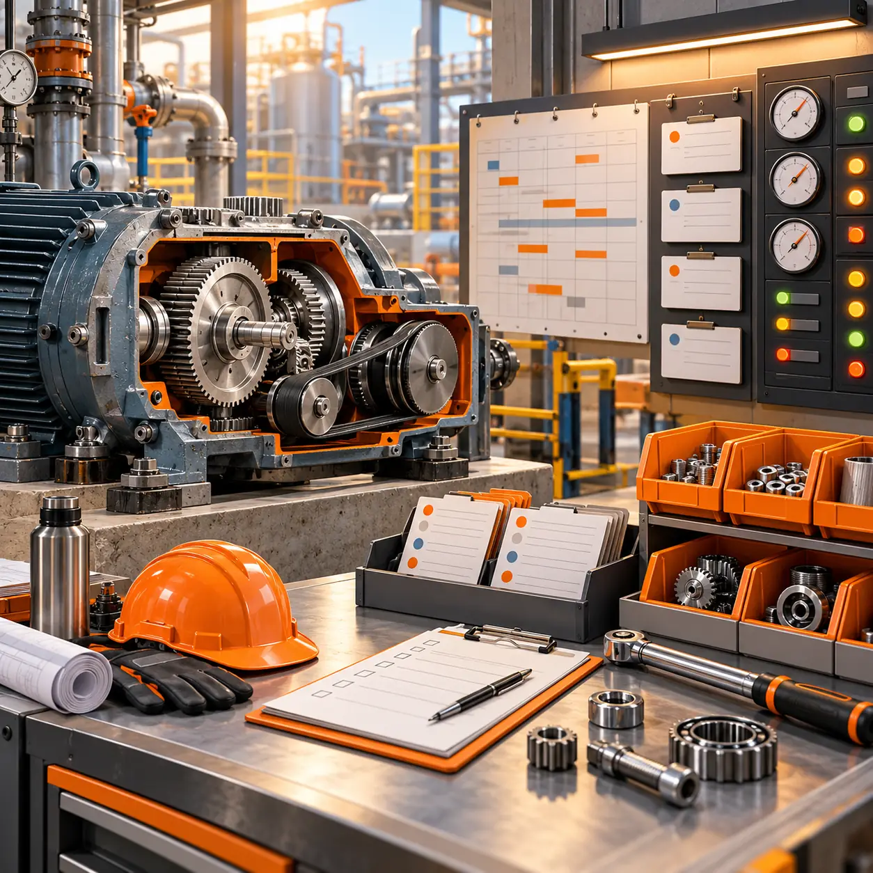 Industrial maintenance reporting workspace with cutaway machinery, work-order board, spare parts bins and inspection tools