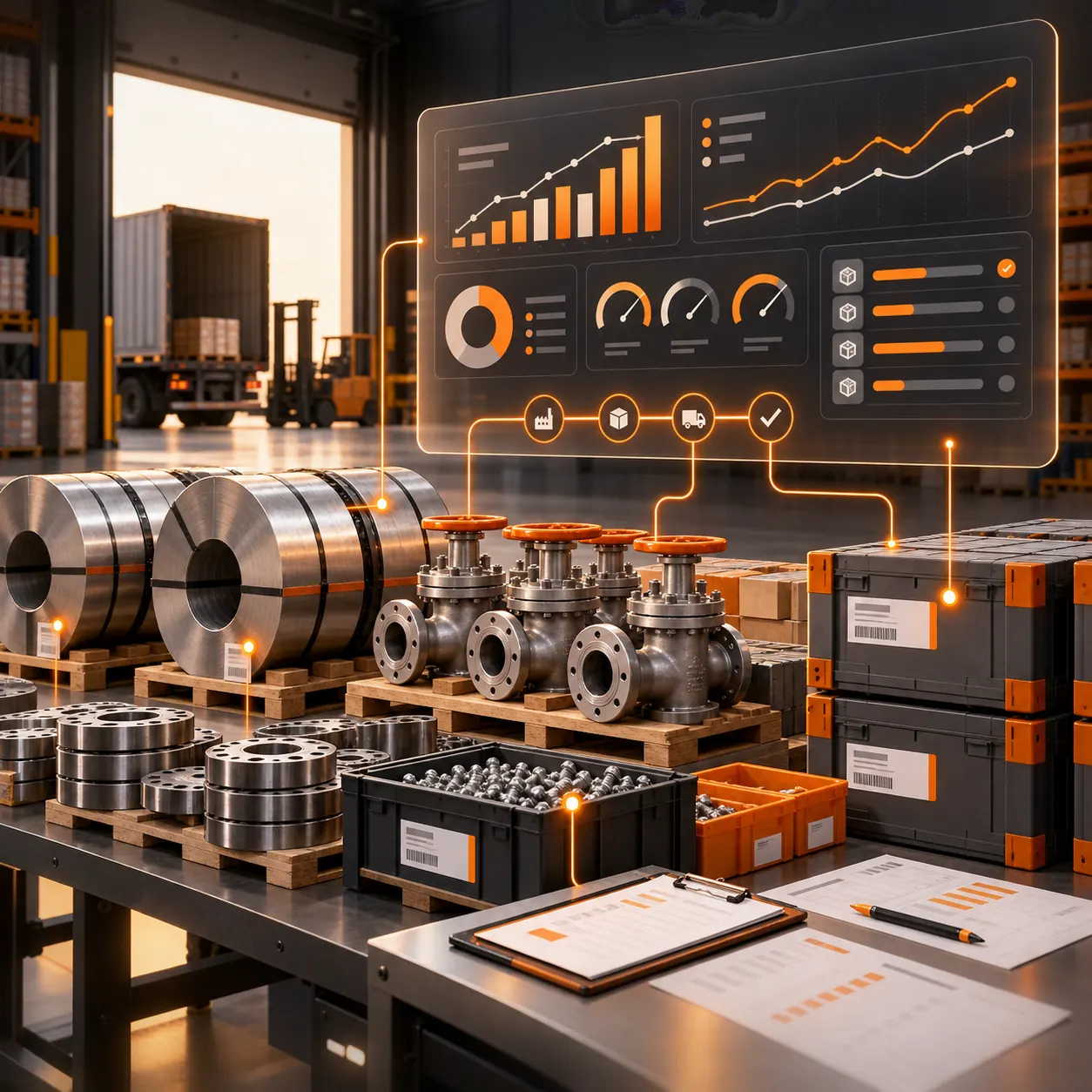 Industrial supplier reporting workspace with metal coils, valves, inventory crates, shipping documents and fulfillment dashboard