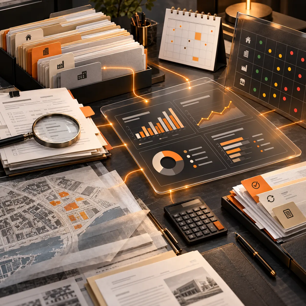 Insurance agency reporting workspace with policy folders, claims documents, renewal calendar, risk matrix and operational dashboard