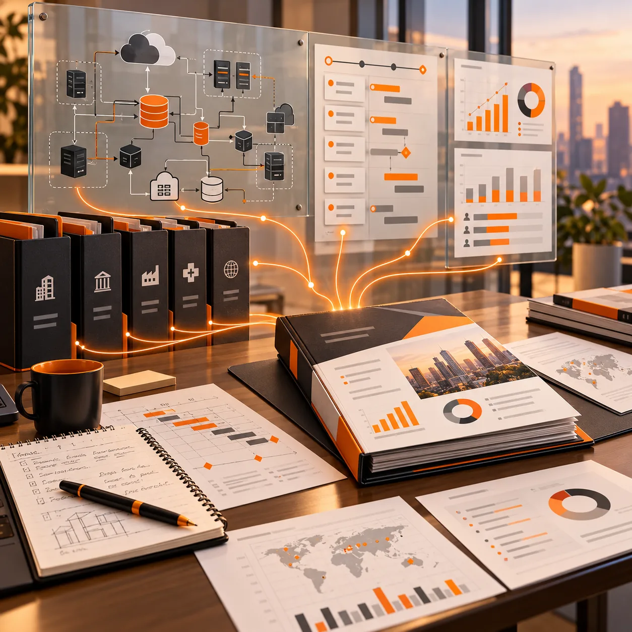 IT consulting reporting workspace with systems architecture diagram, project milestones, client folders, utilization charts and executive report binder