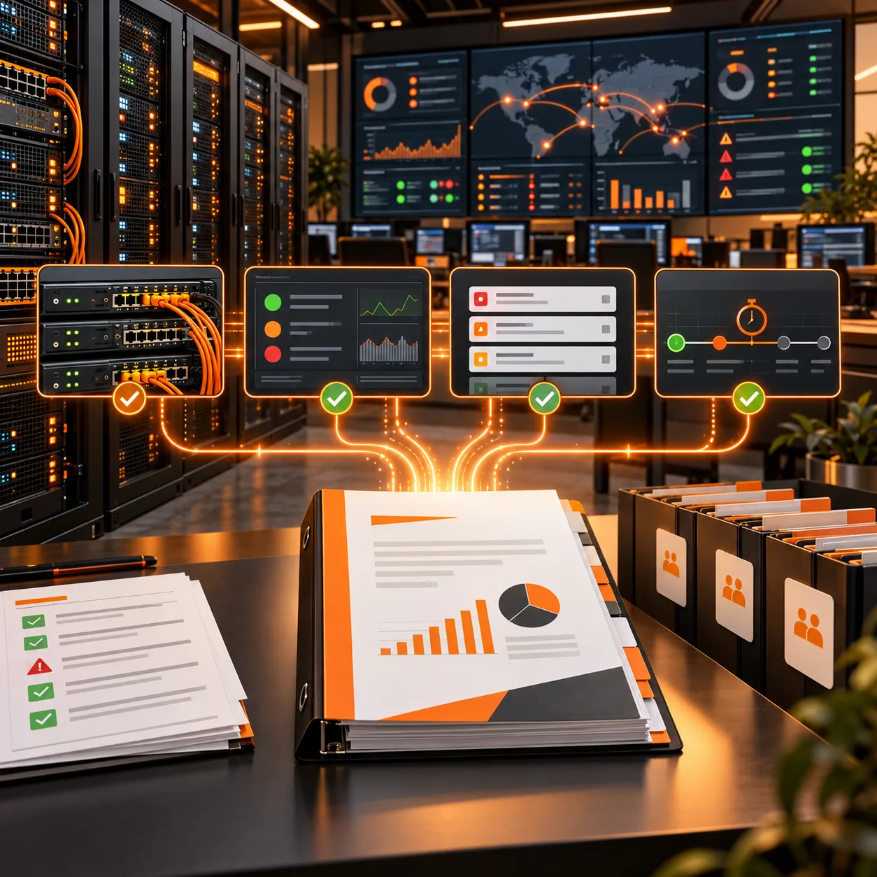 MSP operations reporting workspace with server racks, monitoring wall, service tickets, SLA timeline and client report binder