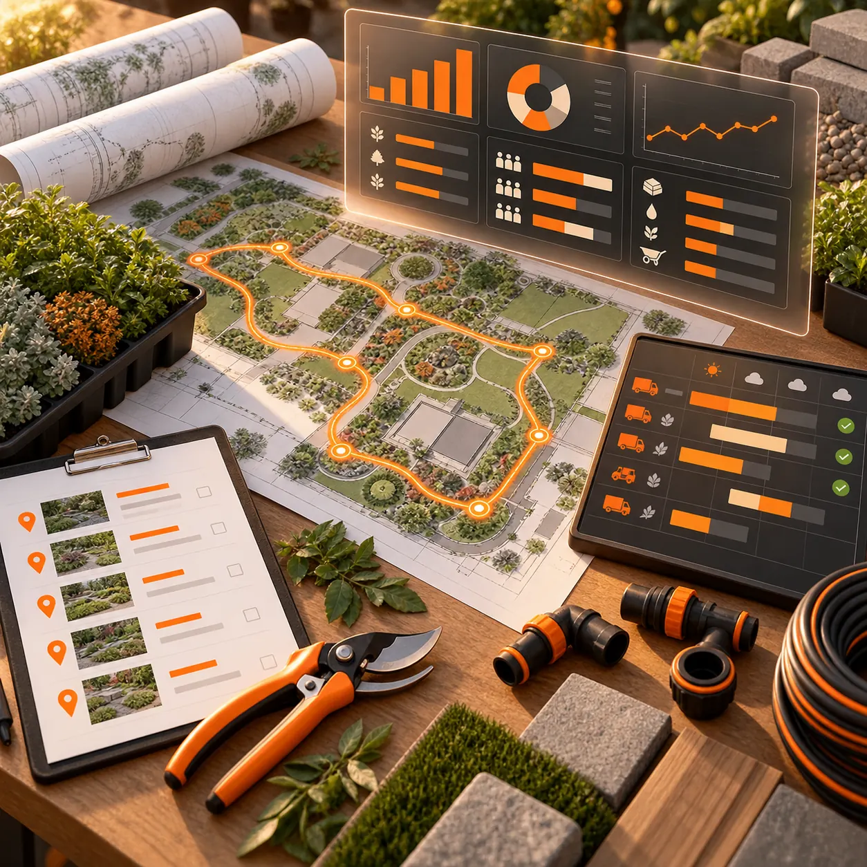 Landscaping operations reporting workspace with site plans, service routes, plant trays, pruning tools and crew dashboard