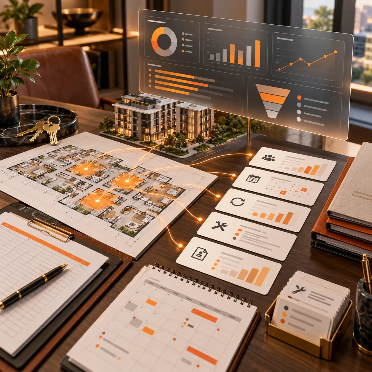 Leasing office reporting workspace with apartment floor plan, building model, lease folders, move-in calendar and property operations dashboard