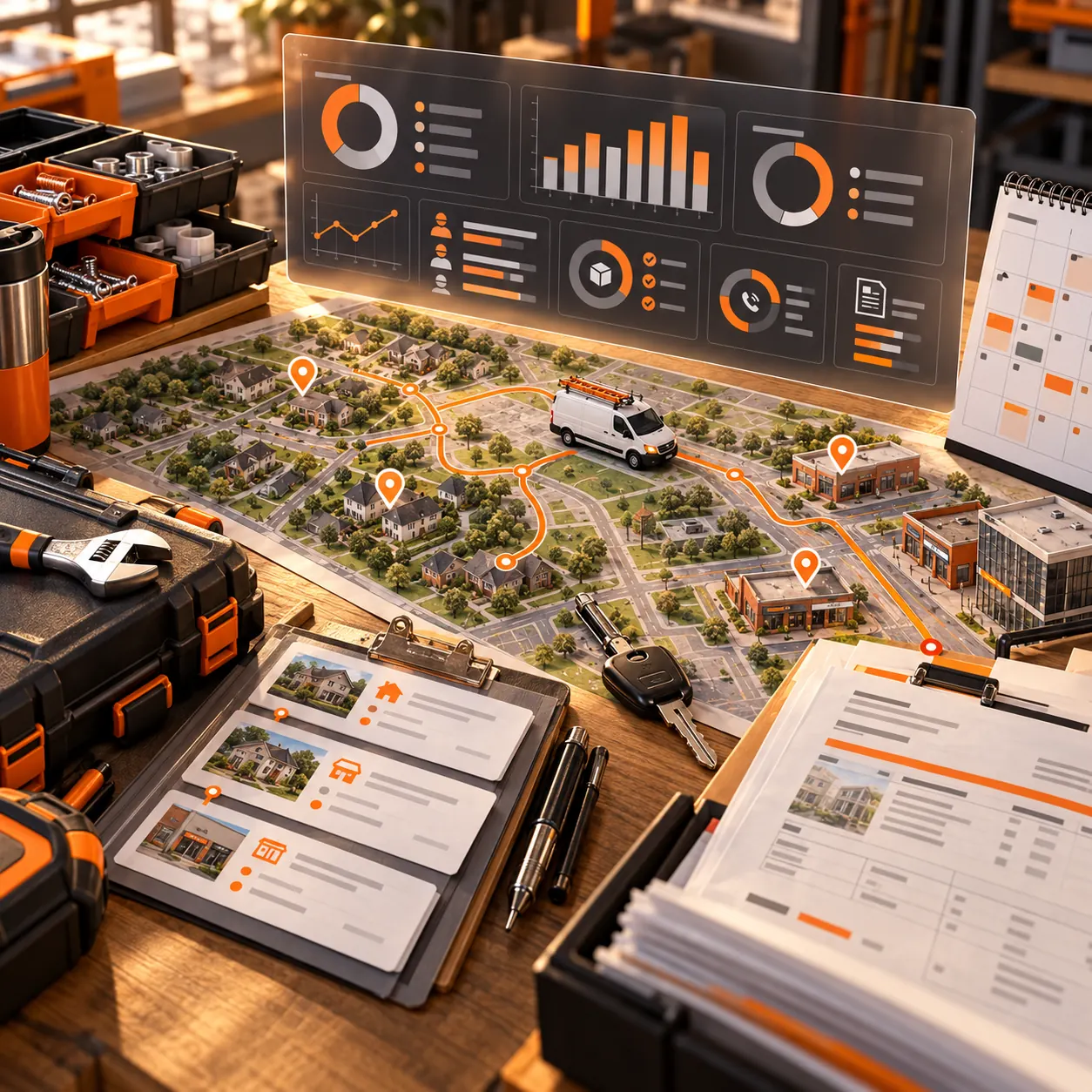 Local service reporting workspace with neighborhood route map, service van, work orders, technician tools, parts bins and operations dashboard