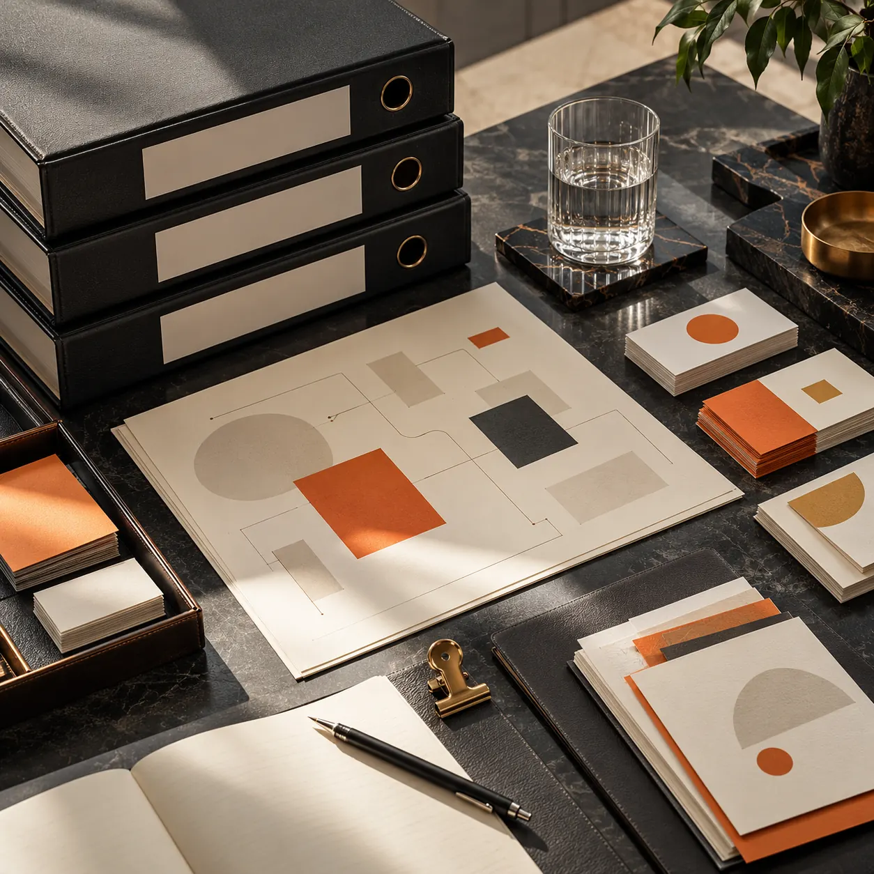 Consulting engagement review table with project binders, abstract milestone cards, report papers and orange workstream notes