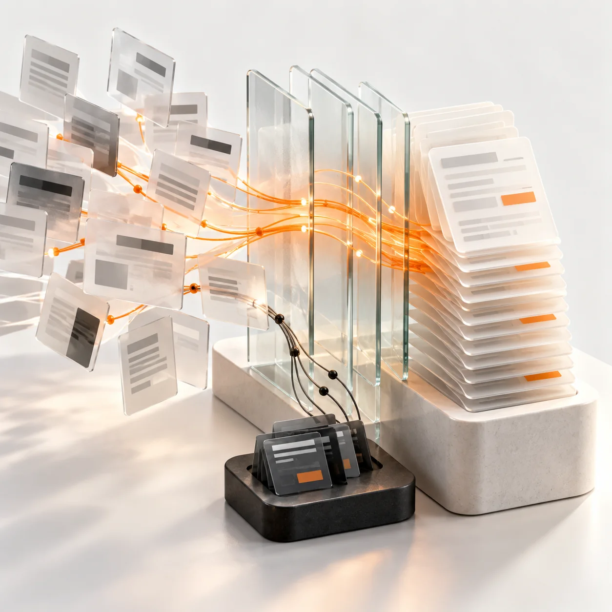 Translucent claim records flow through an orange reconciliation path into an organized medical billing report stack