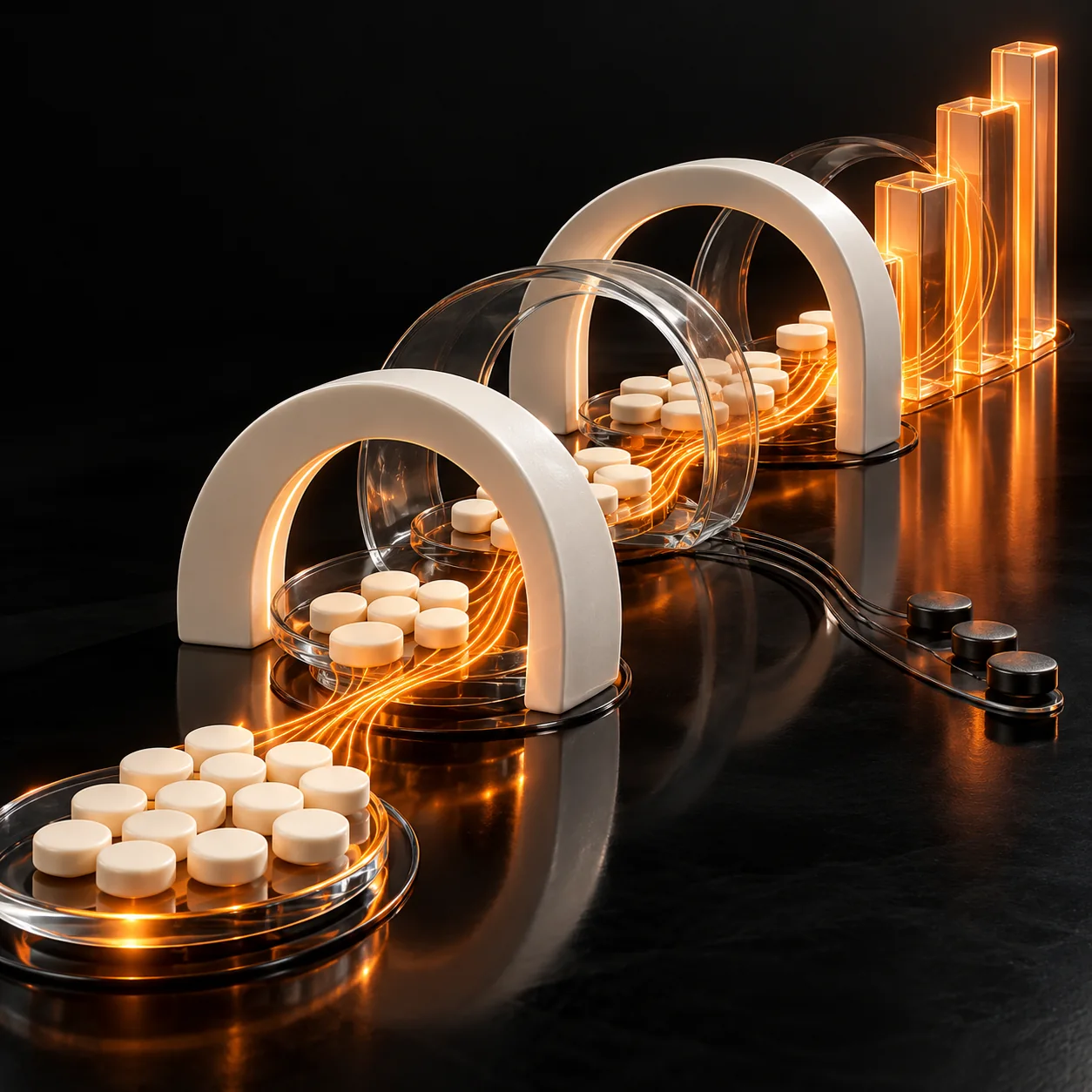 Sculptural white glass arches and orange data paths represent medical spa service activity and capacity reporting on a dark reflective base