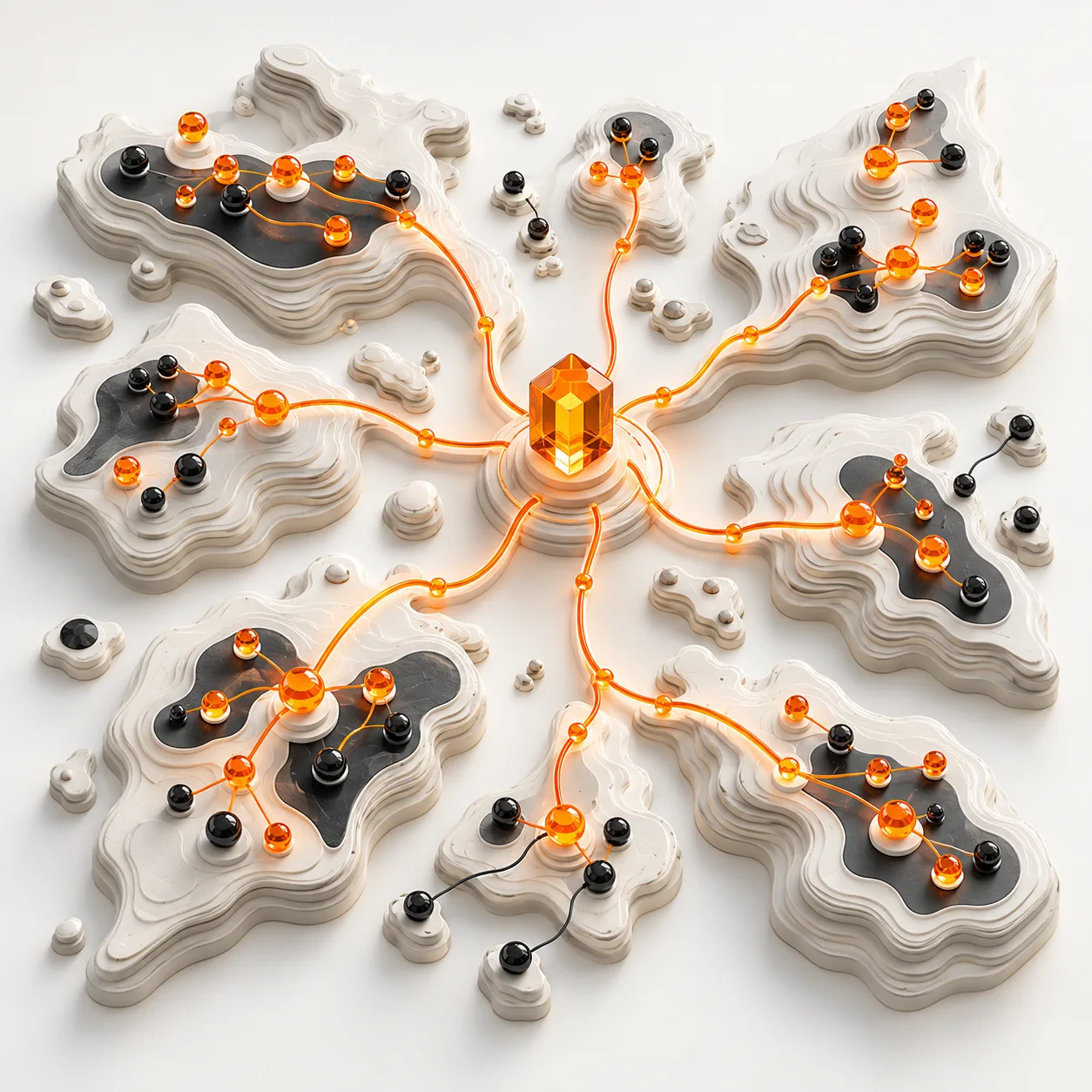 Layered ceramic chapter regions linked by orange member activity routes around a central amber reporting prism