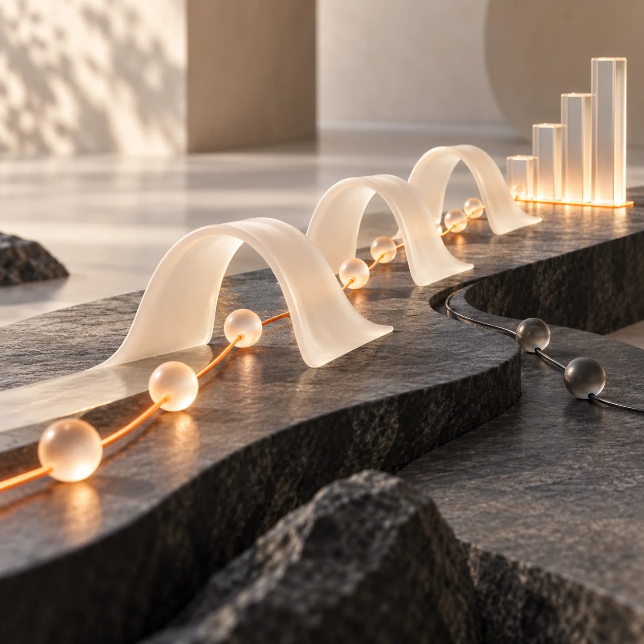 An ivory glass ribbon and orange path connect administrative service-flow markers into a calm aggregate operations report sculpture
