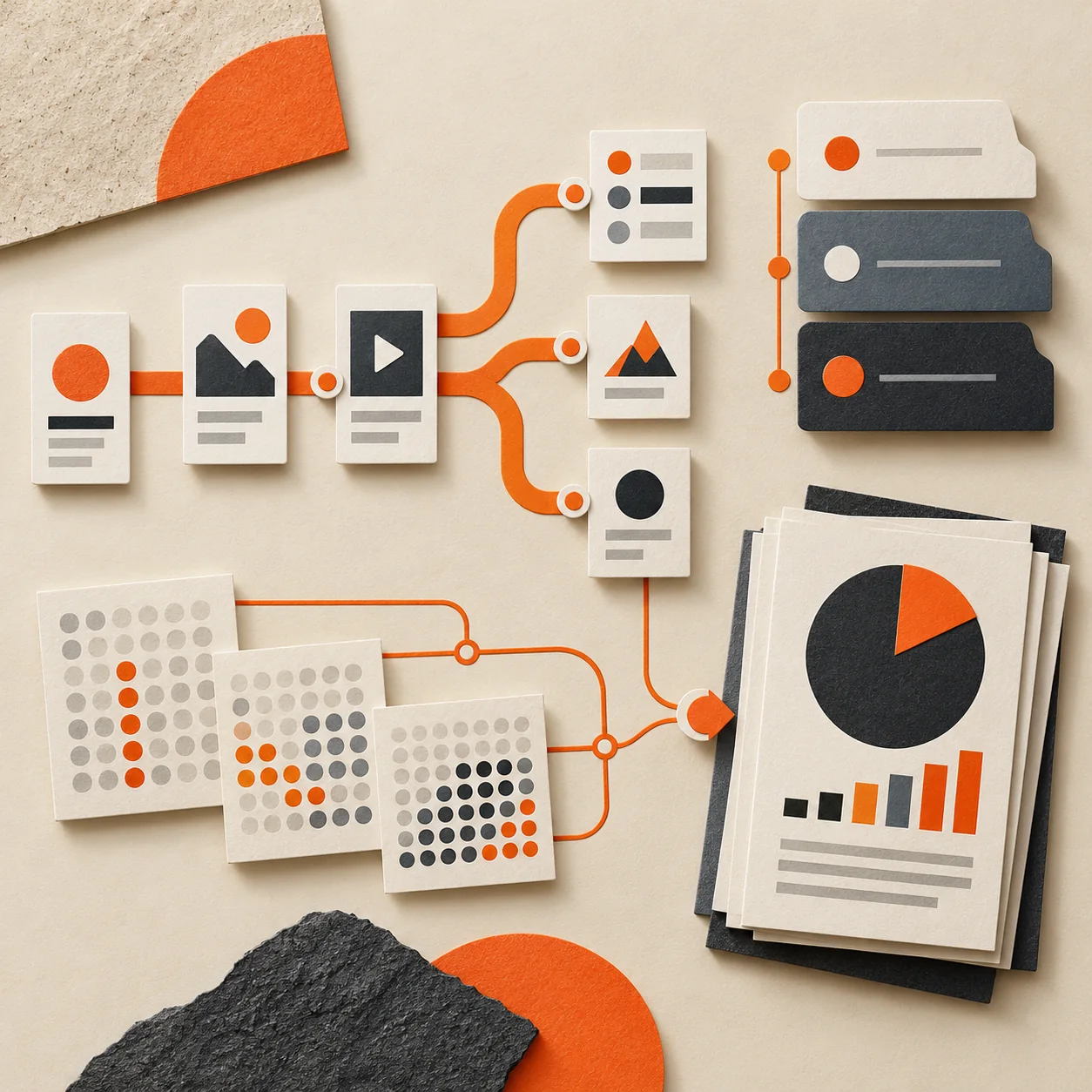 Overhead cut-paper collage of orange app journey paths, release markers, cohort grids and a compiled product report