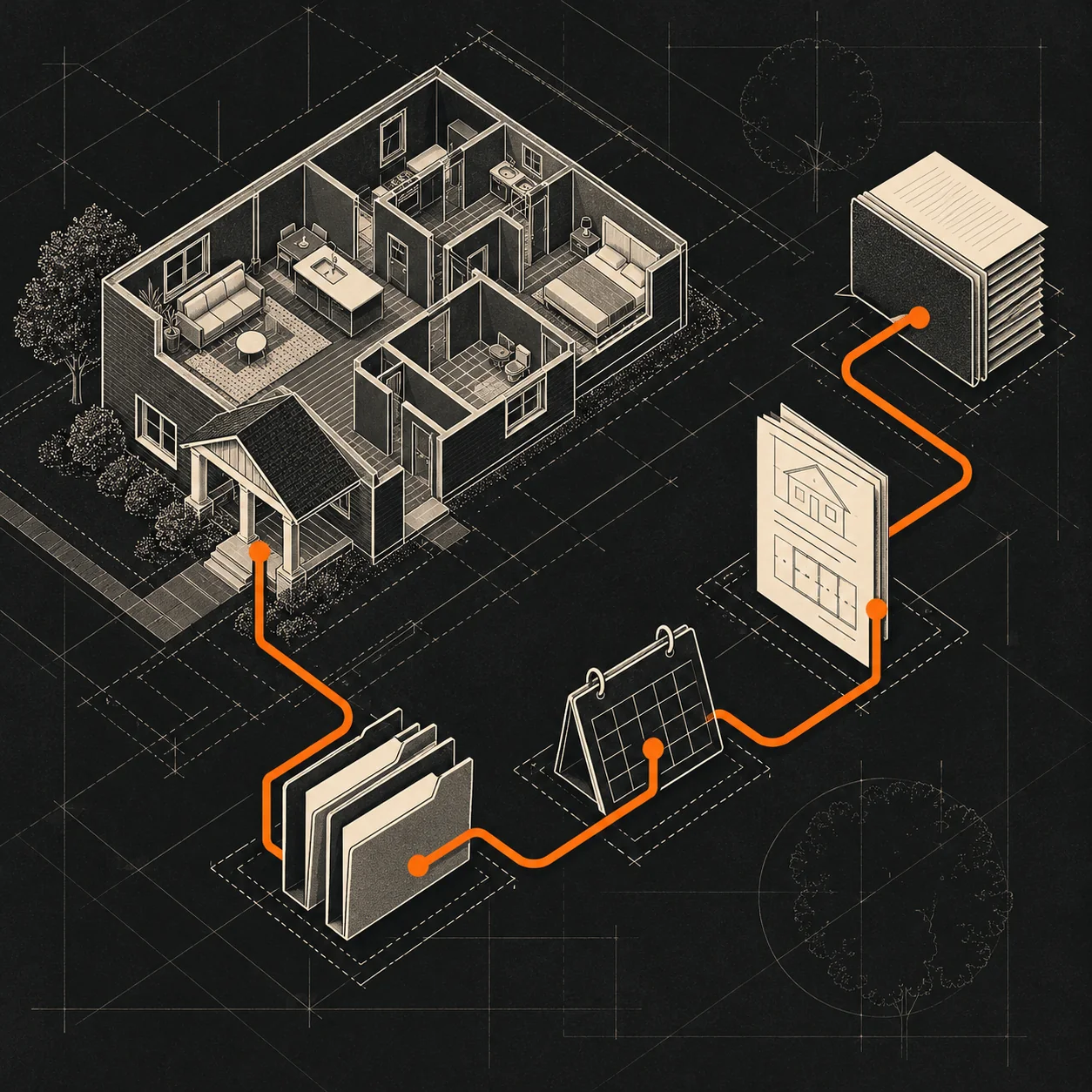 Dark architectural drafting illustration connects a home plan, mortgage file folders and closing milestones with an orange workflow route