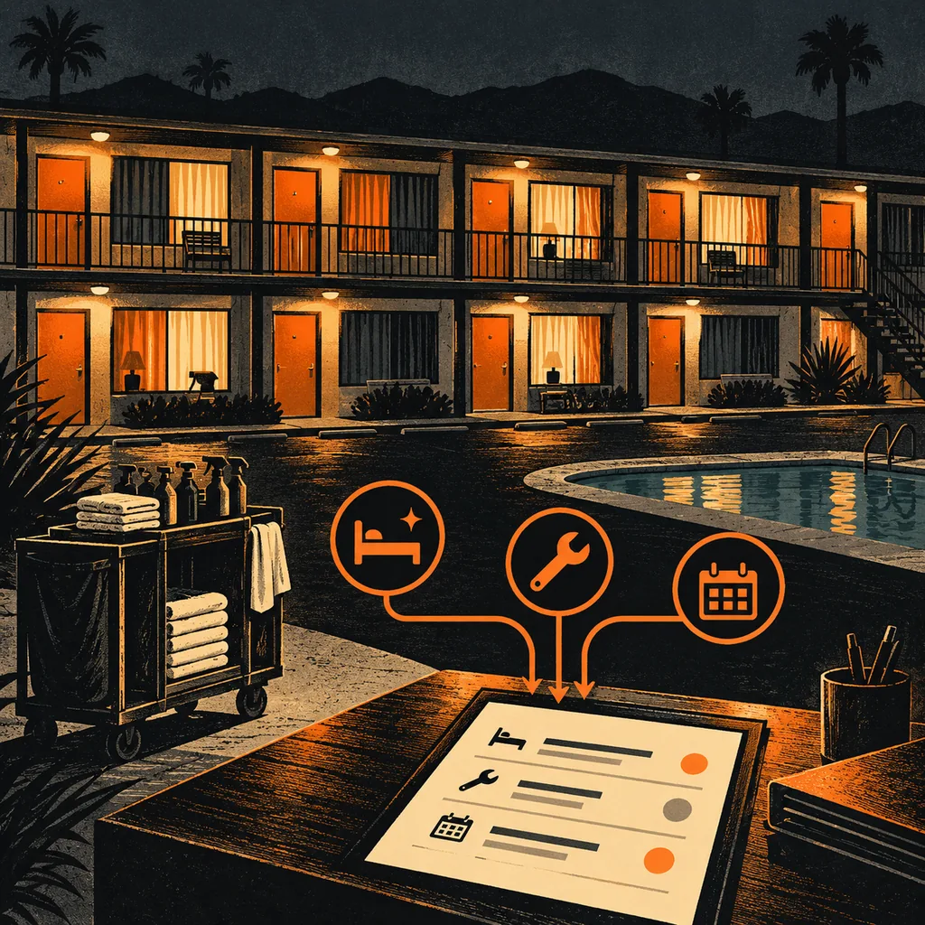 Vintage screenprint of an American roadside motel at dusk, with orange room lights, a housekeeping cart and linked operations report symbols