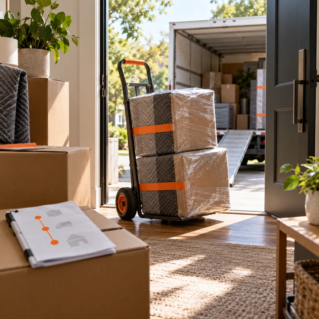 Sunlit moving-day scene with wrapped boxes on a hand truck at an open truck ramp and orange job milestones