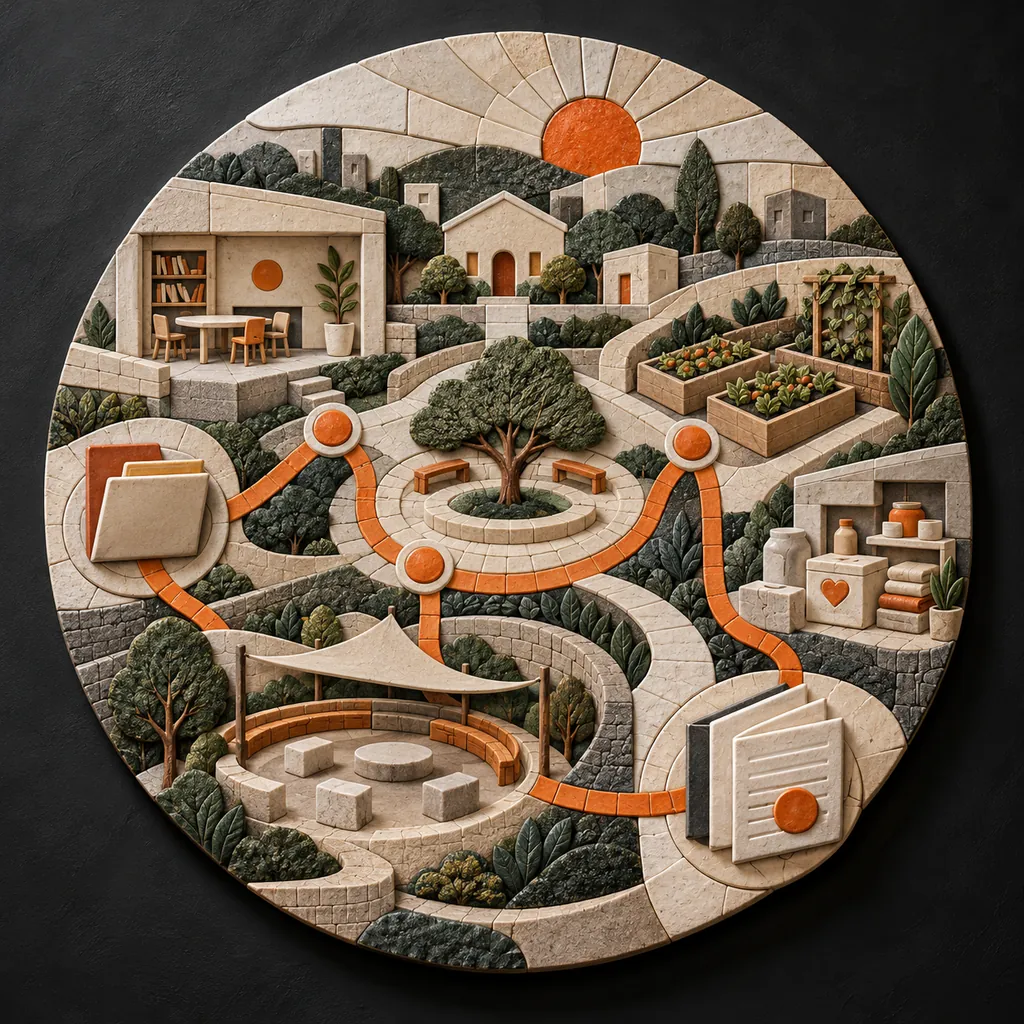 Ceramic mosaic neighborhood hub links program spaces, grant folders and aggregate reporting symbols along orange pathways