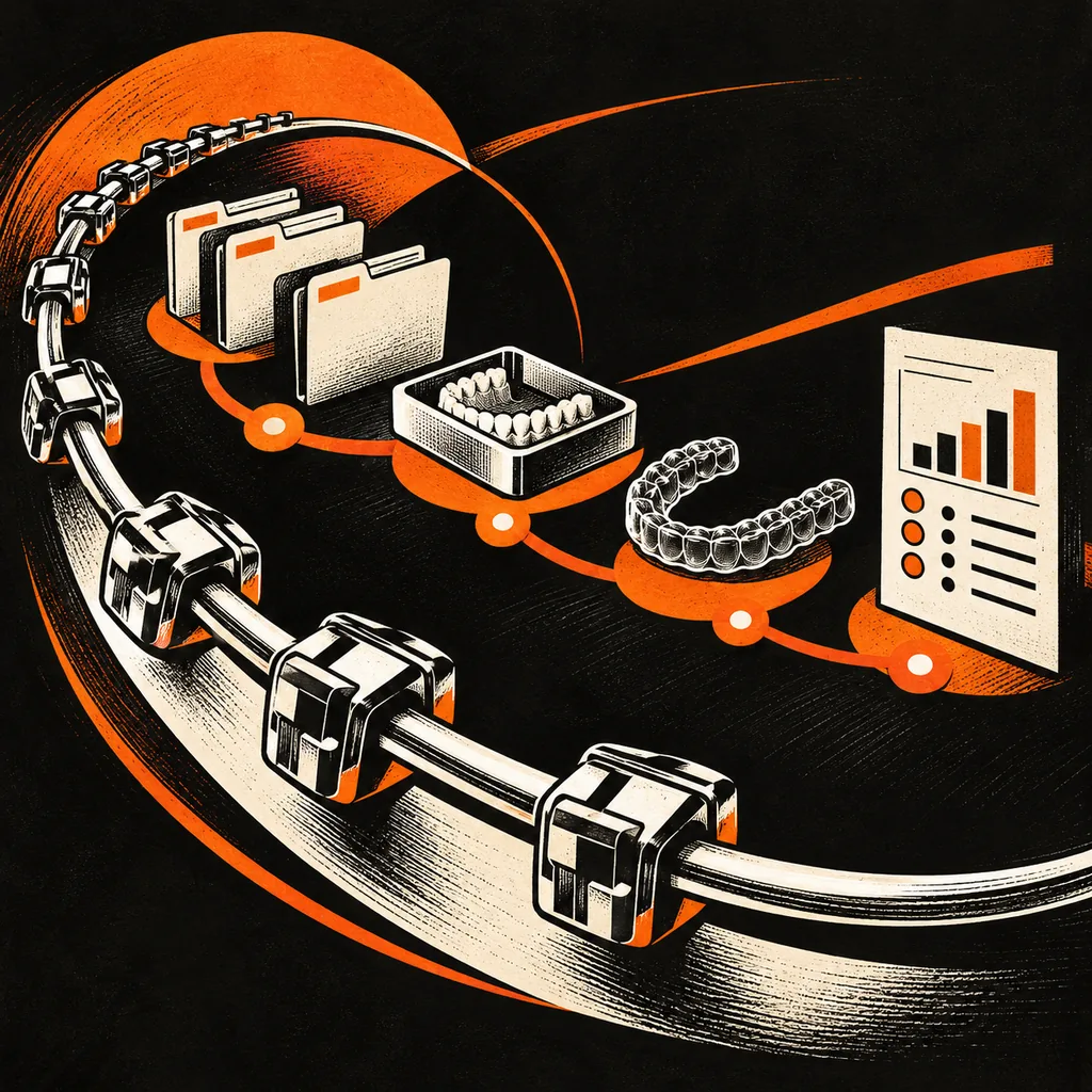 Graphic linocut orthodontic arch wire, case folders, aligner tray and milestone report in Tranki orange, ivory and charcoal