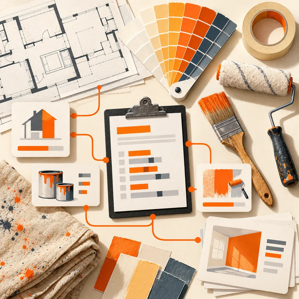 Overhead painting contractor report illustration with floor plans, orange and charcoal color swatches, masking tape, roller, brush, estimate sheet and job progress cards