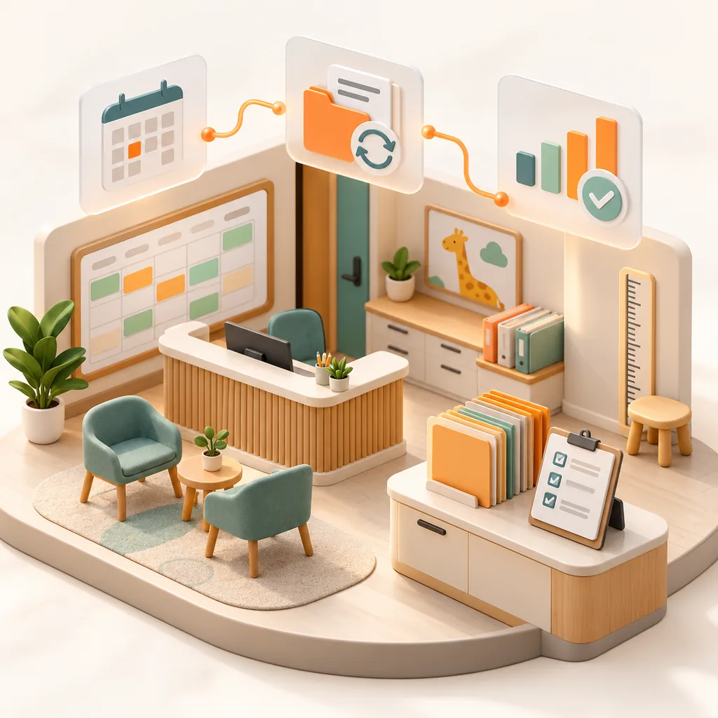 Isometric pediatric clinic operations diorama with an abstract appointment calendar, referral folders, administrative checklist and orange reporting paths