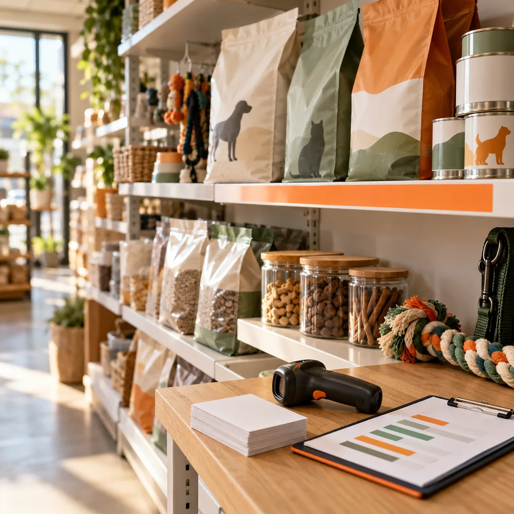 Eye-level pet supply shop shelves with unbranded food bags, tins, treats and a blank inventory clipboard beside a handheld scanner