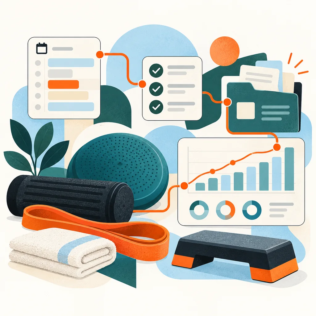 Editorial vector collage of physical therapy bands, a foam roller and clinic schedule, attendance and capacity report cards connected by an orange path