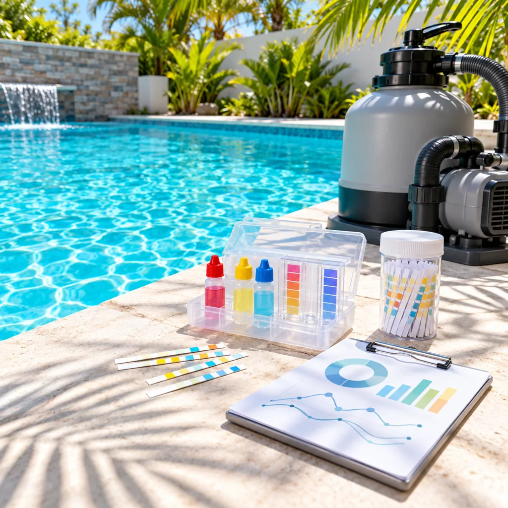 Bright poolside service-report scene with turquoise water, pool filtration equipment, water-testing kit and an abstract chart clipboard