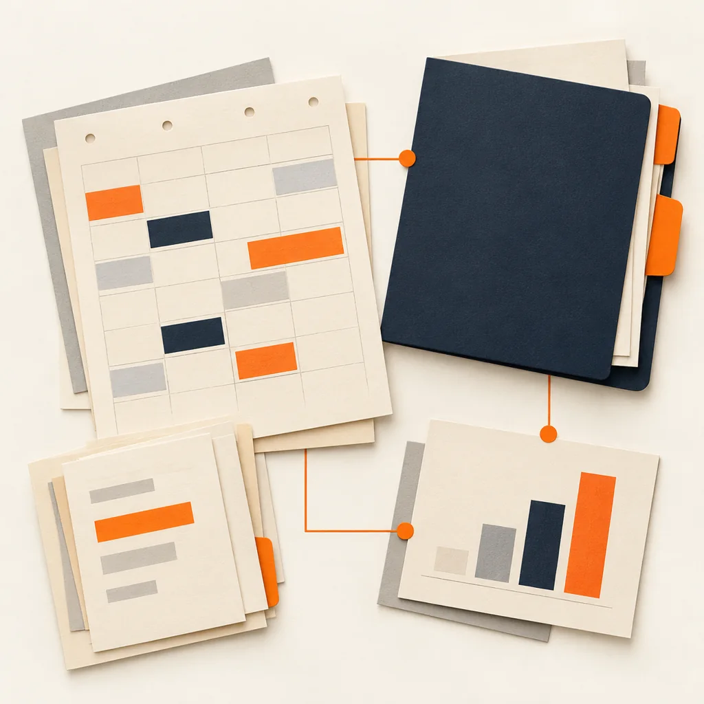 Layered paper collage of an abstract clinic schedule, closed charcoal folder, orange tabs and an administrative bar-chart report card