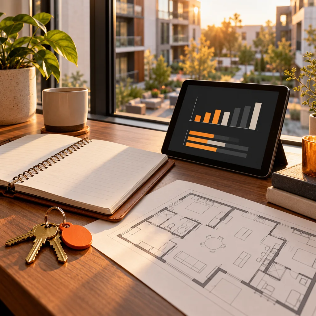 Warm editorial property-management desk with building keys, floor plan, blank maintenance log and orange-accented portfolio charts