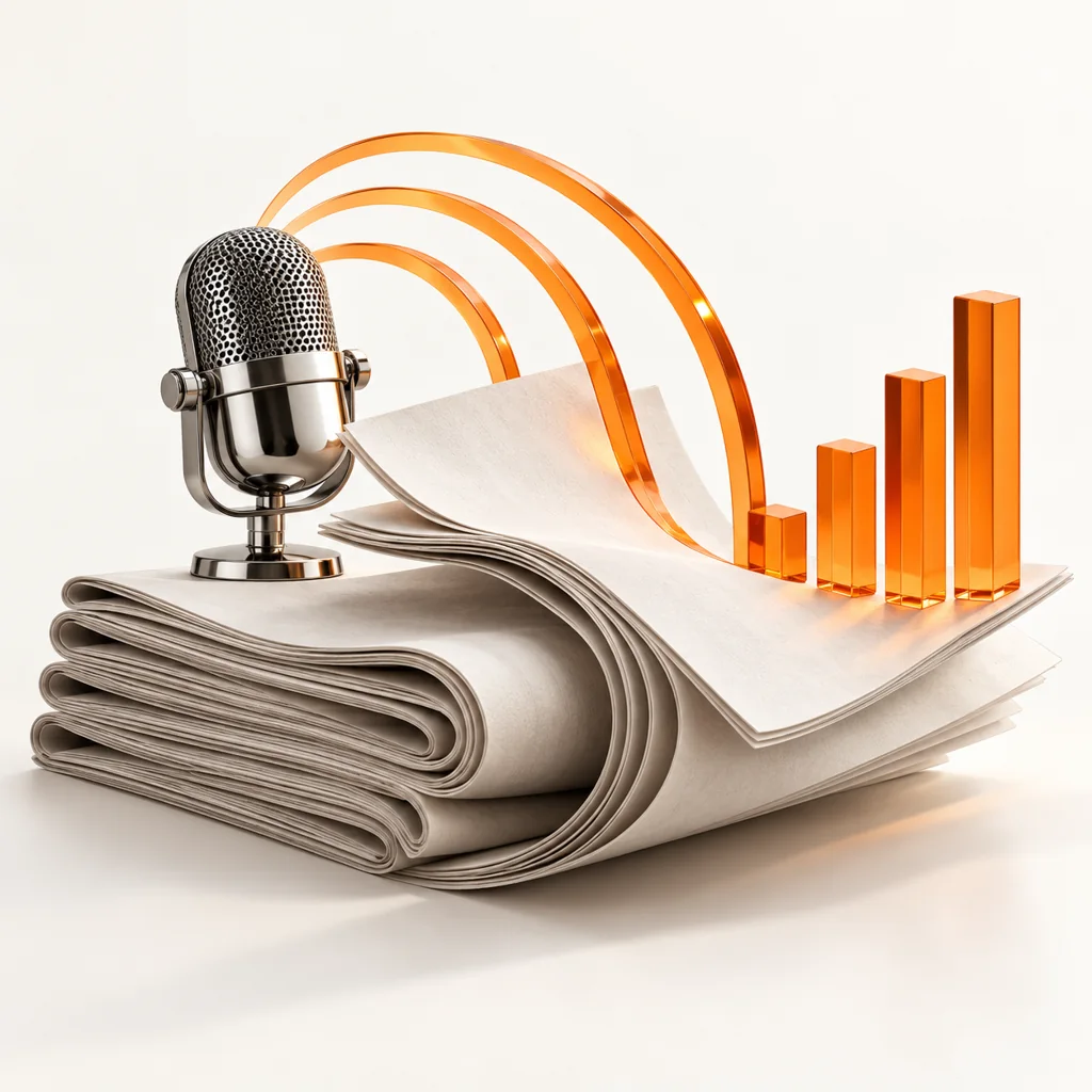 Sculptural blank newsprint, chrome broadcast microphone, translucent orange signal rings and abstract media-report bars on an ivory backdrop