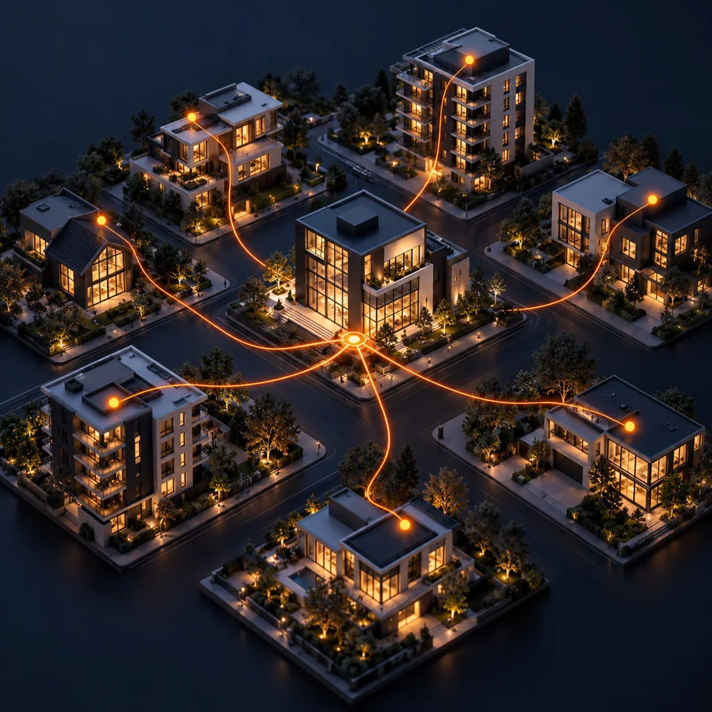 Isometric midnight city model with warm window lights and orange route lines linking homes to a central brokerage hub