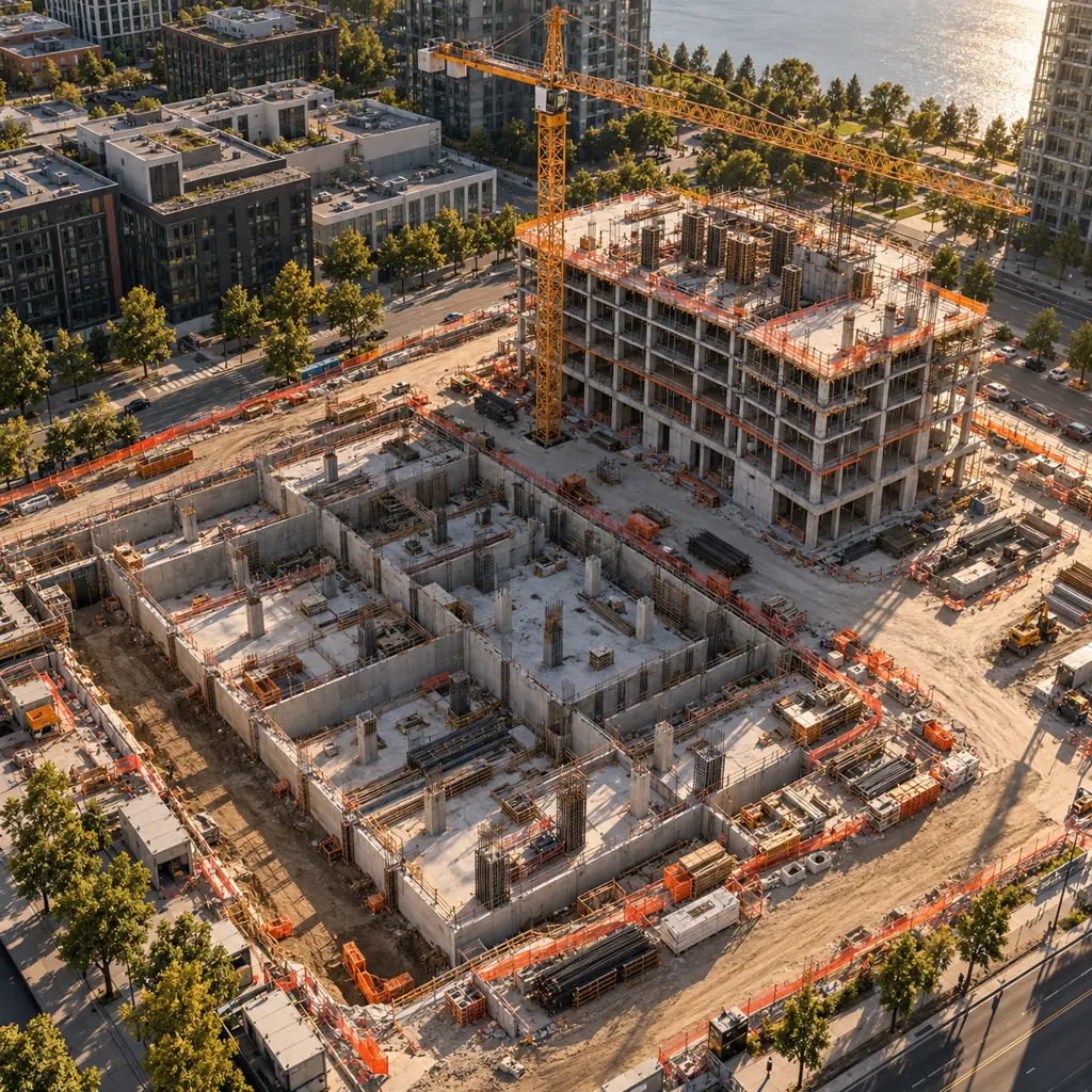 Aerial editorial view of an urban real estate construction site with concrete foundations, a tower crane and orange safety accents
