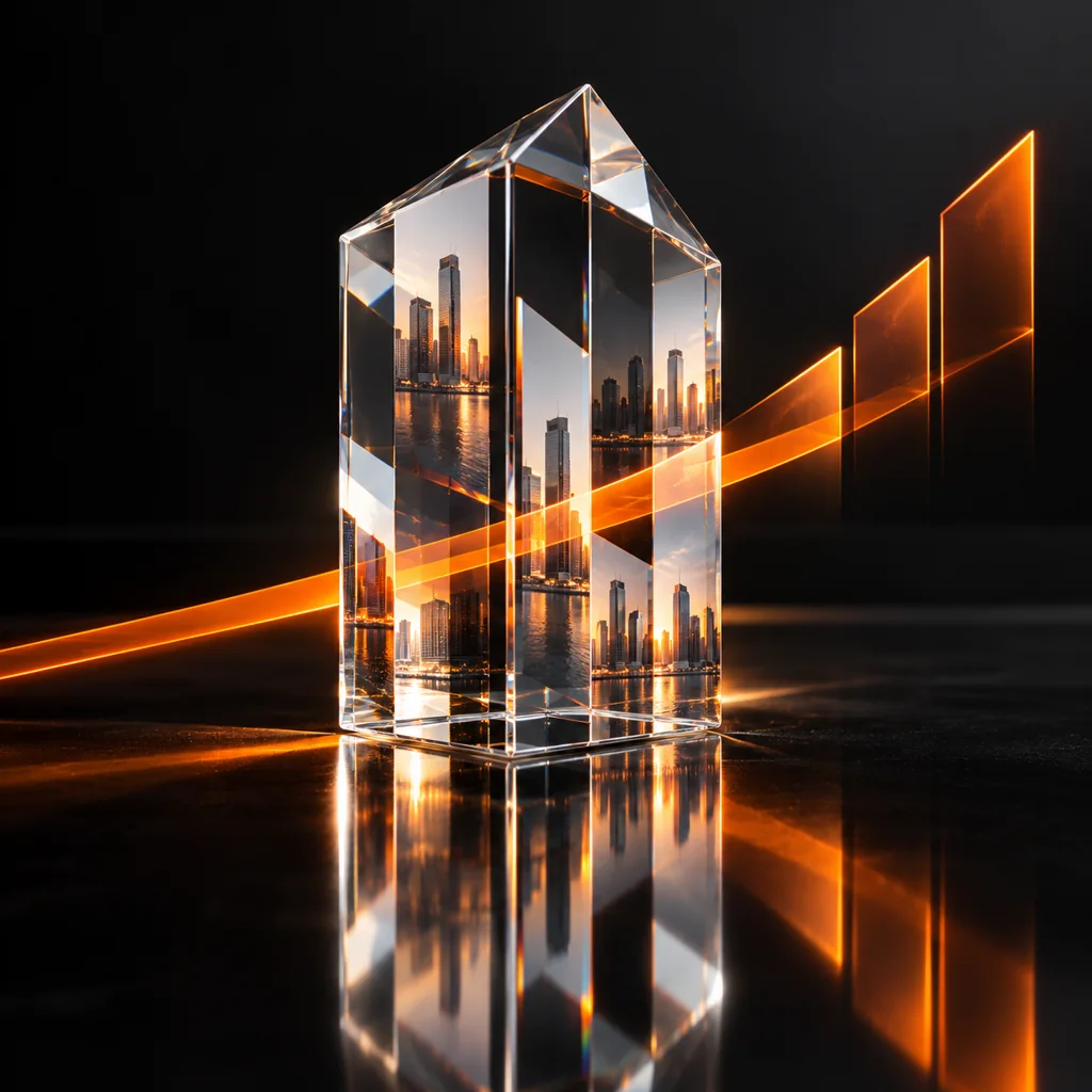 Clear faceted glass apartment-shaped prism refracting a skyline as orange light traces geometric portfolio growth forms on a dark reflective surface