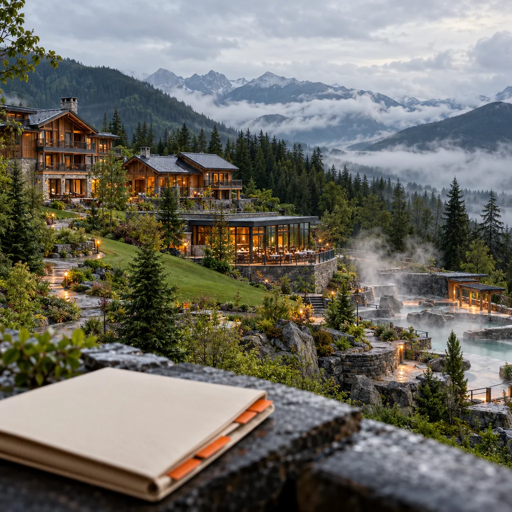 Editorial mountain resort at dawn with guest lodges, dining and hot spring facilities connected by warm operational lights
