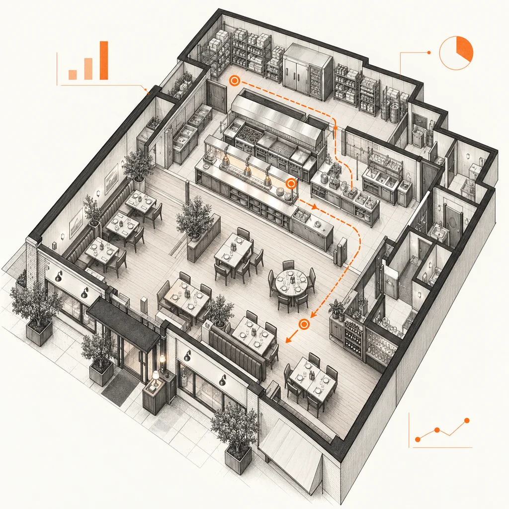 Graphite axonometric drawing of a restaurant kitchen and dining floor plan with orange service routes and reporting marks