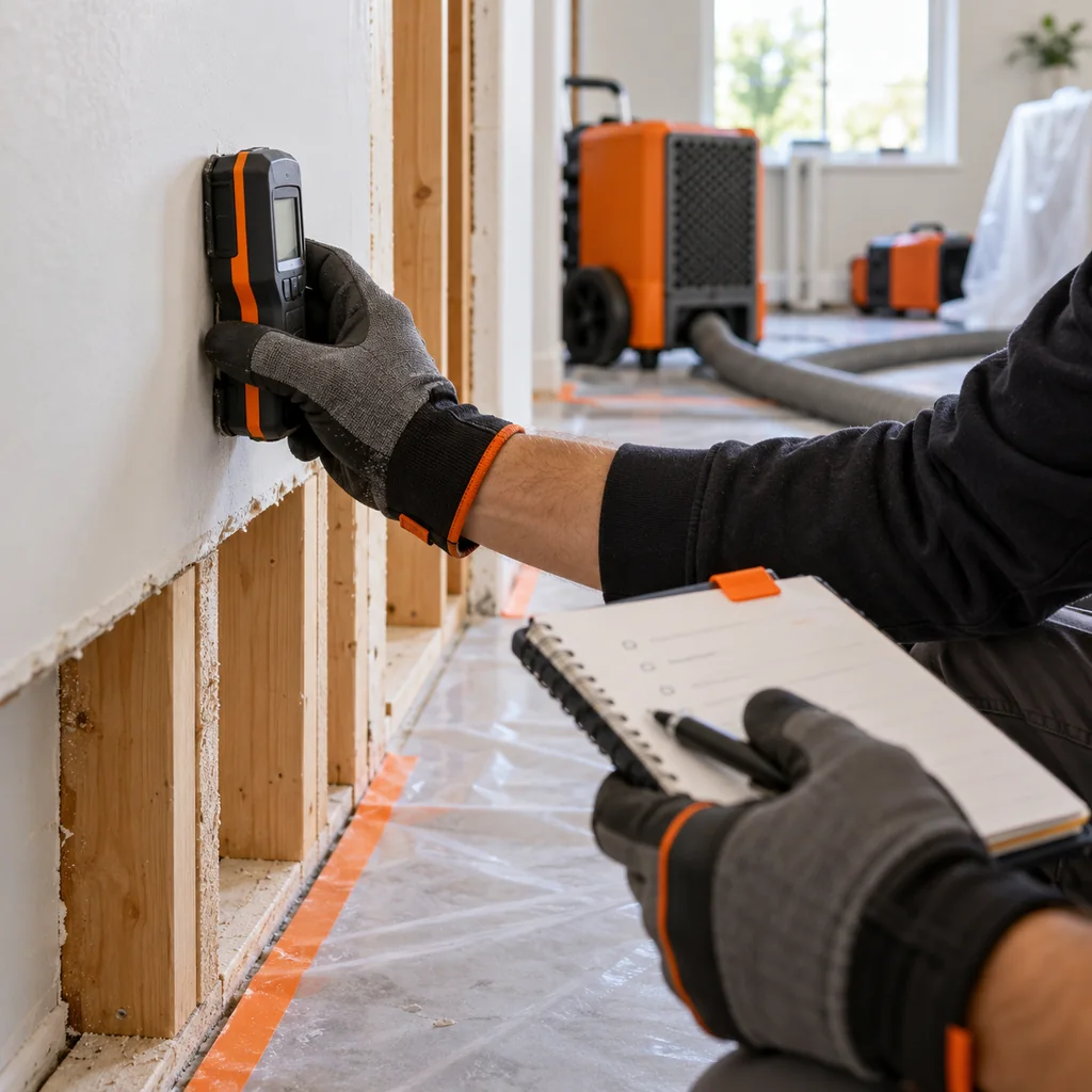 Restoration technician documents a moisture reading beside protected drywall, with drying equipment in the background