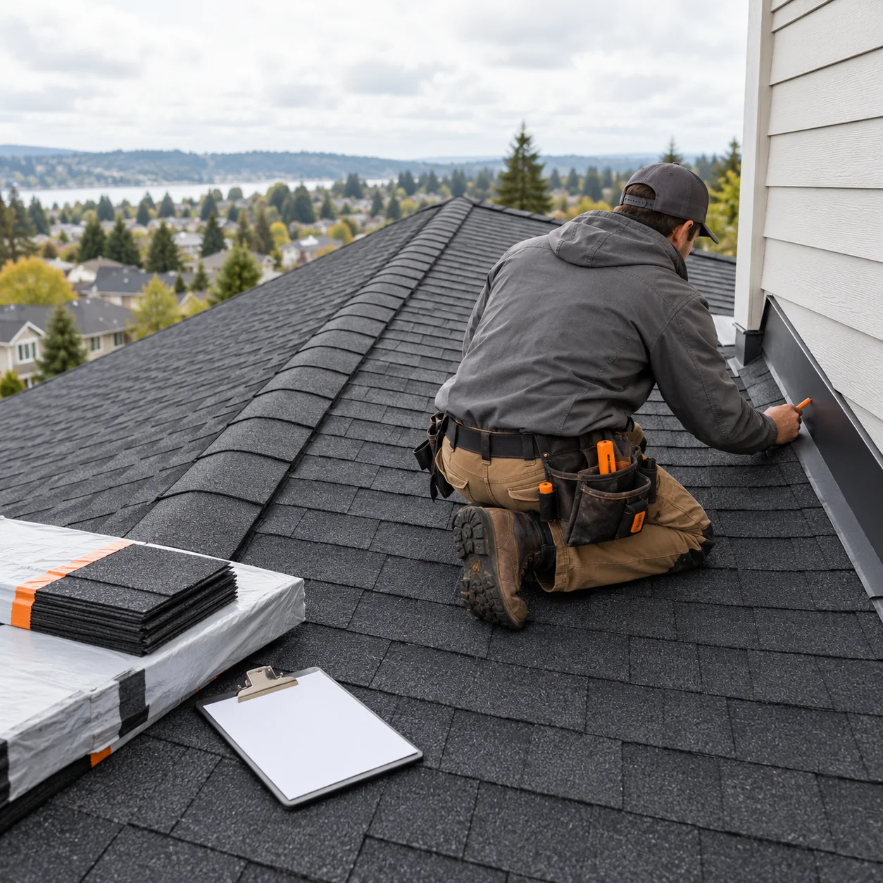 Roofing contractor records installation details and roof-flashing notes on a shingle roof, with materials and a clipboard in view