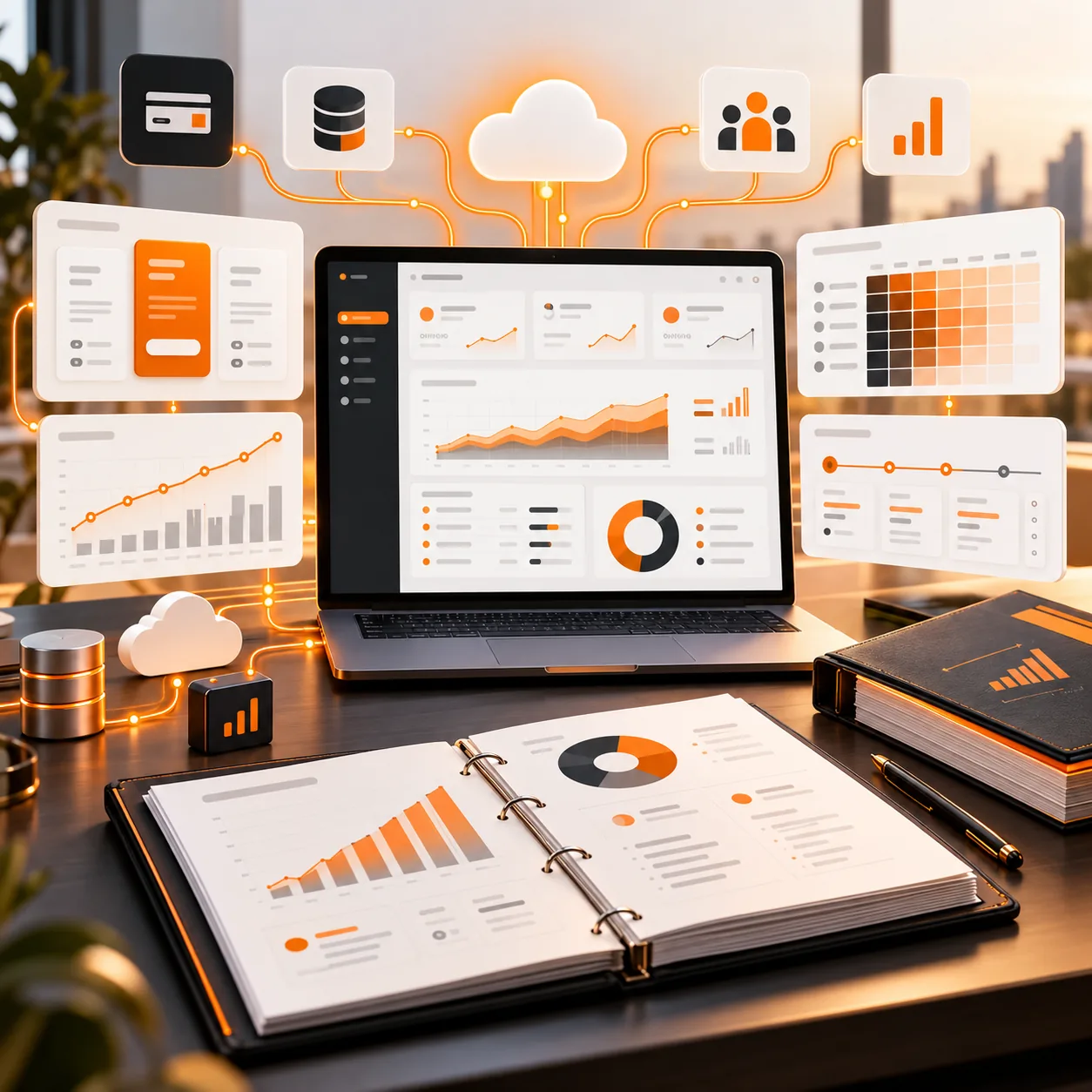 SaaS reporting workspace with product analytics laptop, subscription cards, cohort charts, cloud data sources and an executive report binder