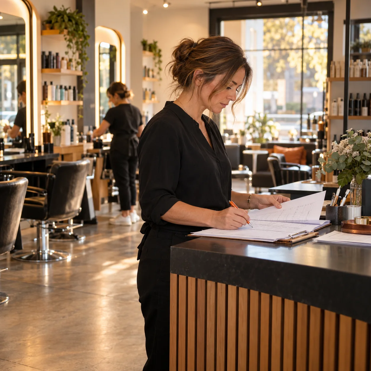 Salon owner reviews daily service records at the front desk as stylists work among mirrors and chairs in the background