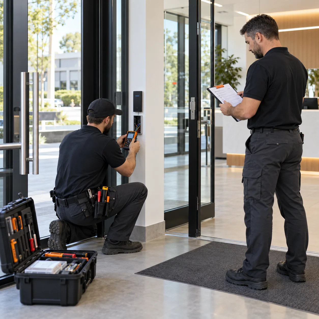 Security installer tests an access-control reader at a commercial glass entry while a project lead reviews the installation checklist