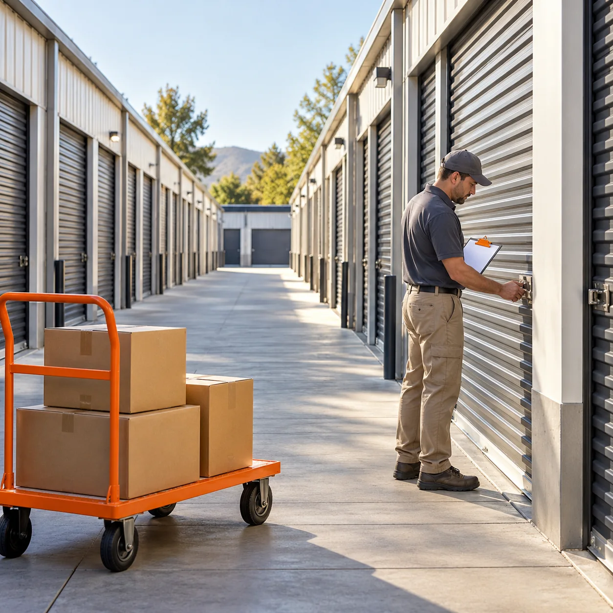 Self-storage facility manager checks a unit latch along a corridor of roll-up doors, with an orange flatbed cart and moving boxes nearby