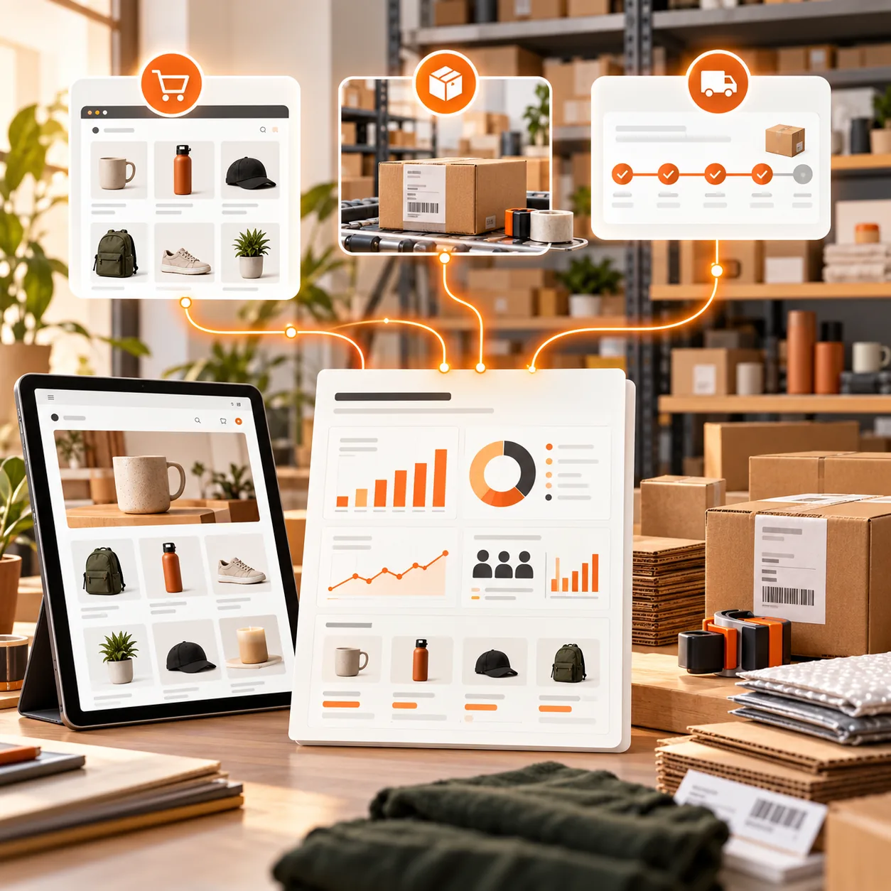 Shopify-store reporting workspace with product catalog, order packing, inventory shelves, fulfillment timeline and commerce report