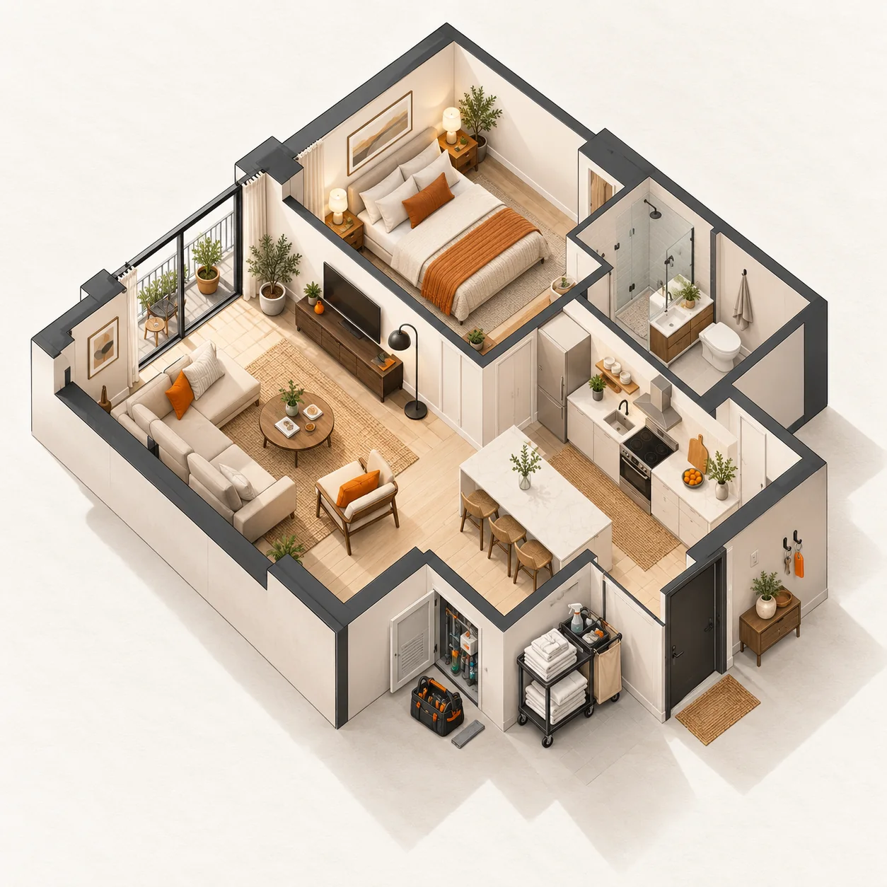 Isometric architectural illustration of a prepared vacation rental apartment with fresh linens, a cleaning cart and a tidy living area