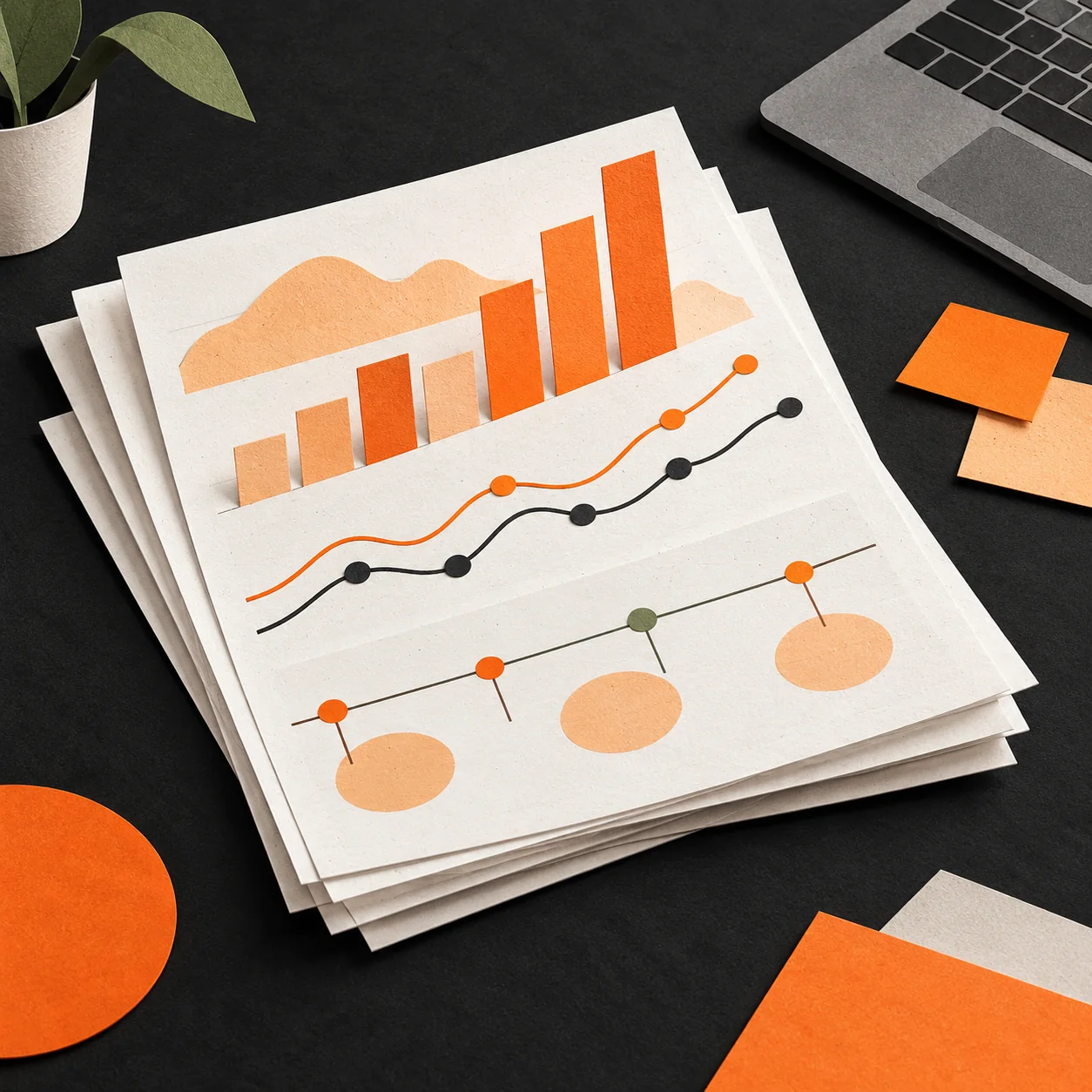 Editorial cut-paper illustration of organized startup reporting, product metrics and a weekly operating review.