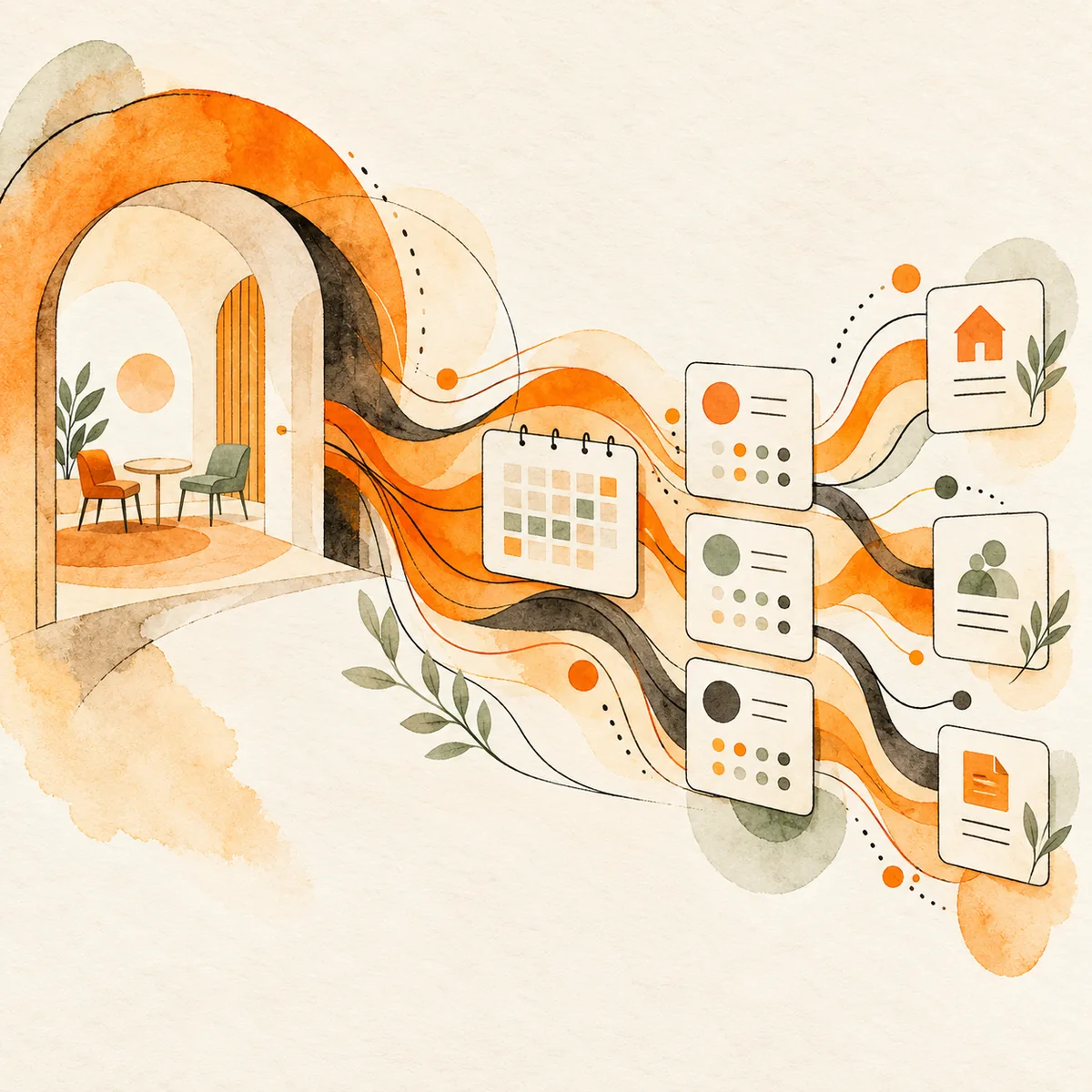 Expressive watercolor illustration of a speech therapy practice arch with flowing orange and charcoal ribbons connecting abstract appointment and referral tiles.