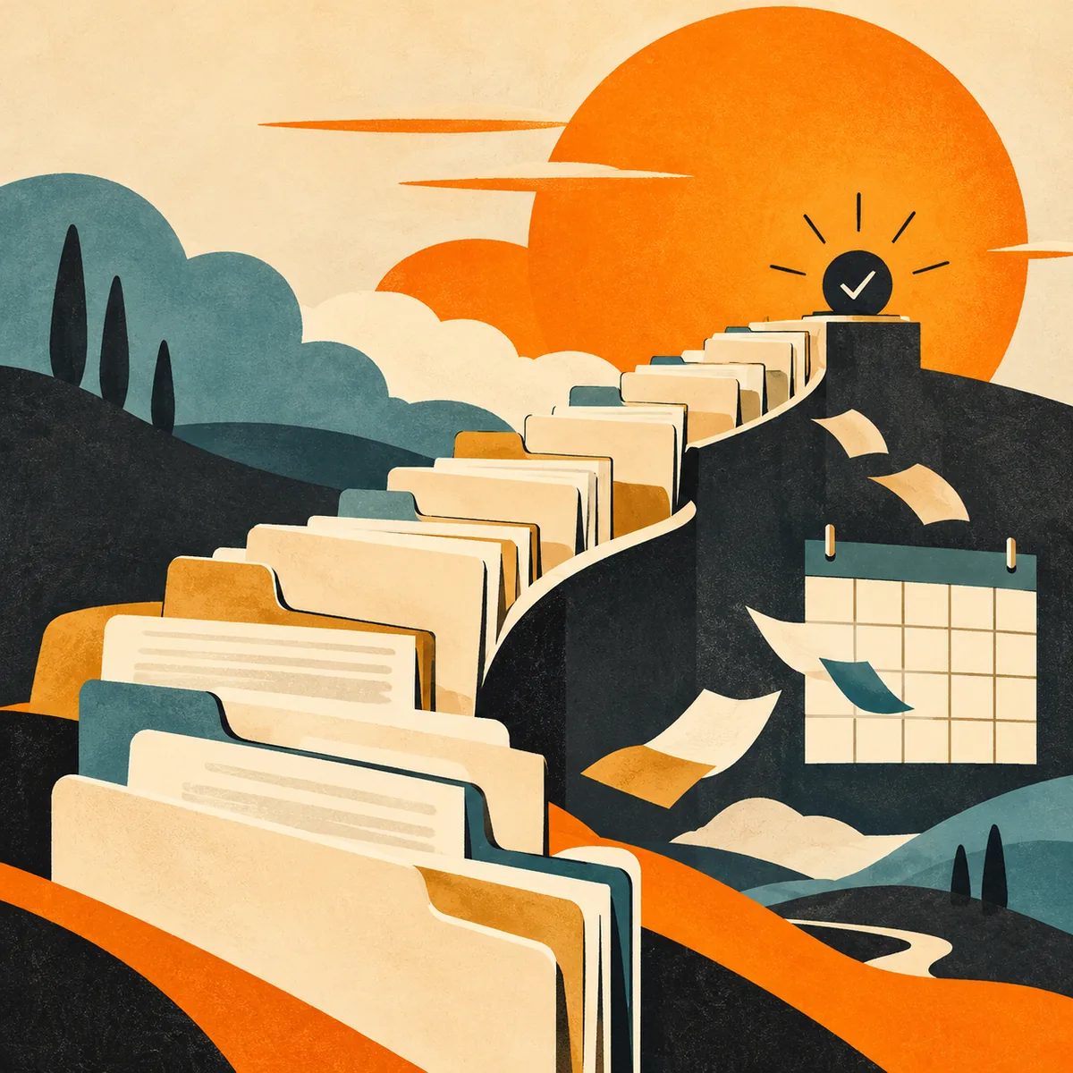 Mid-century gouache illustration of tax-season file folders ascending toward an orange deadline sun and review checkpoint.