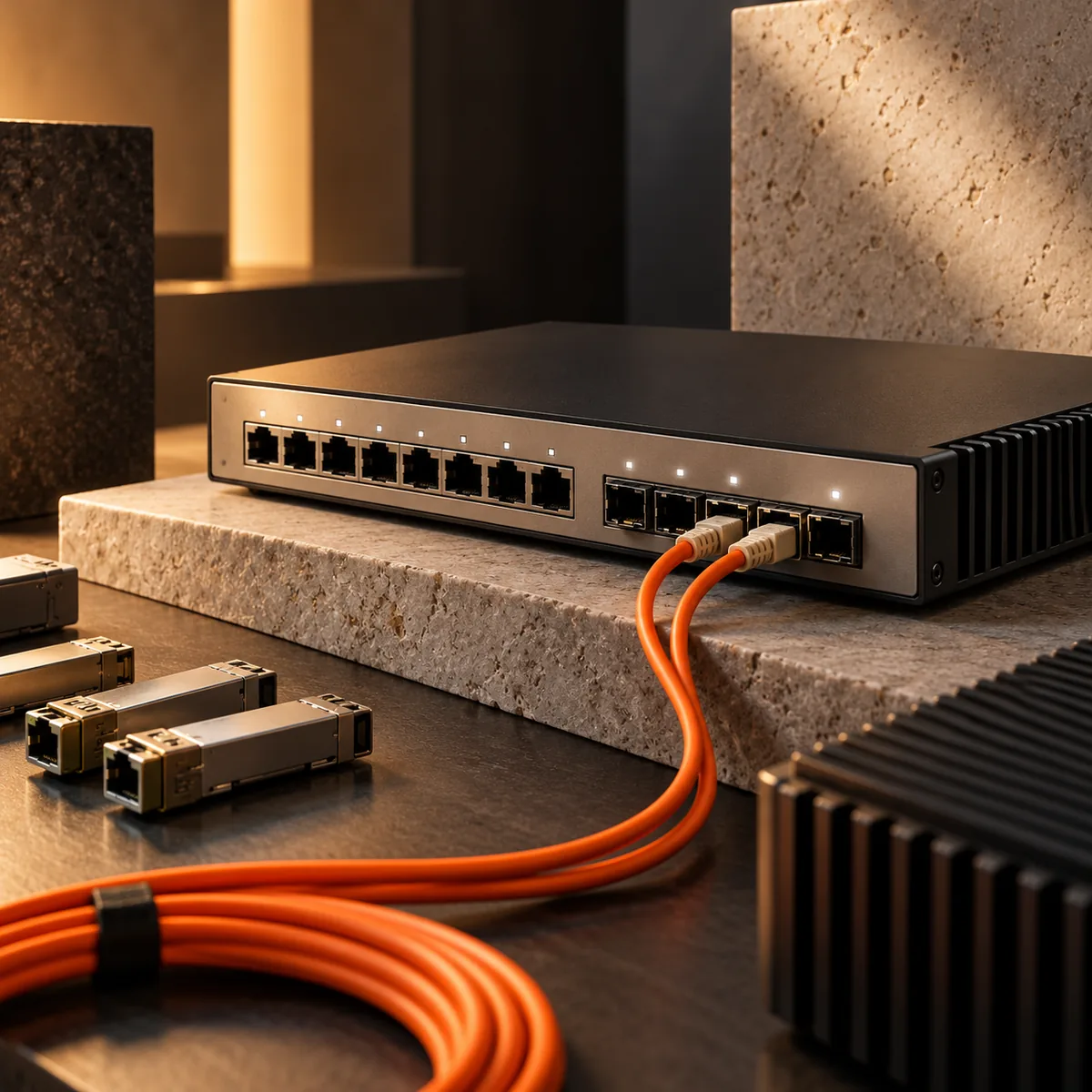 Studio still life of a network switch, modular transceivers and orange fiber cables for reseller operations reporting.