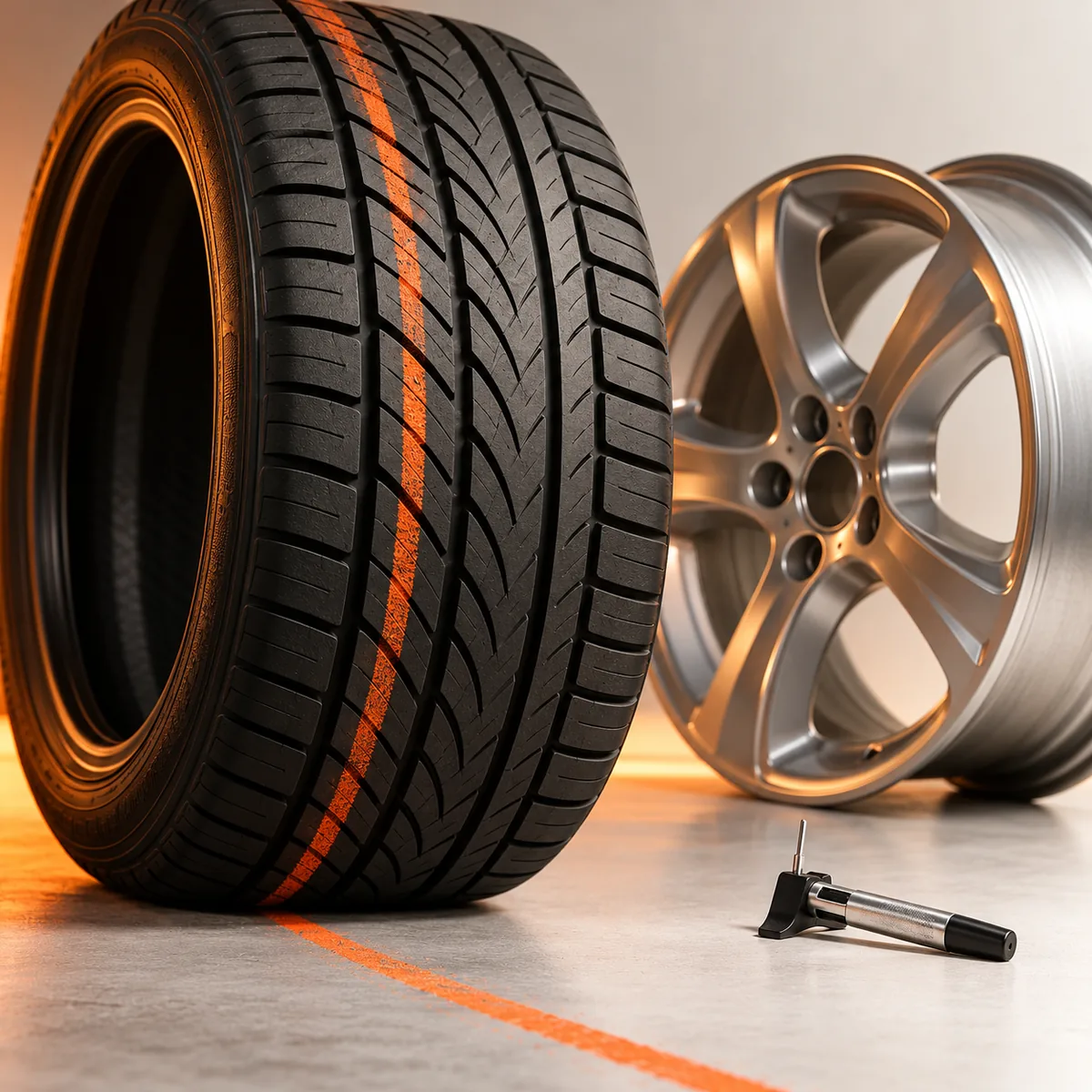 Close-up studio still life of a black tire with orange tread stripe, alloy wheel and tread-depth gauge for shop reporting.