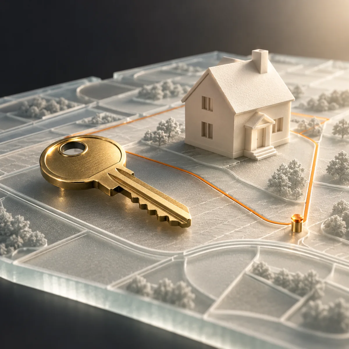 Brass house key and ivory architectural home model on a frosted parcel-map relief traced by an orange property boundary line.