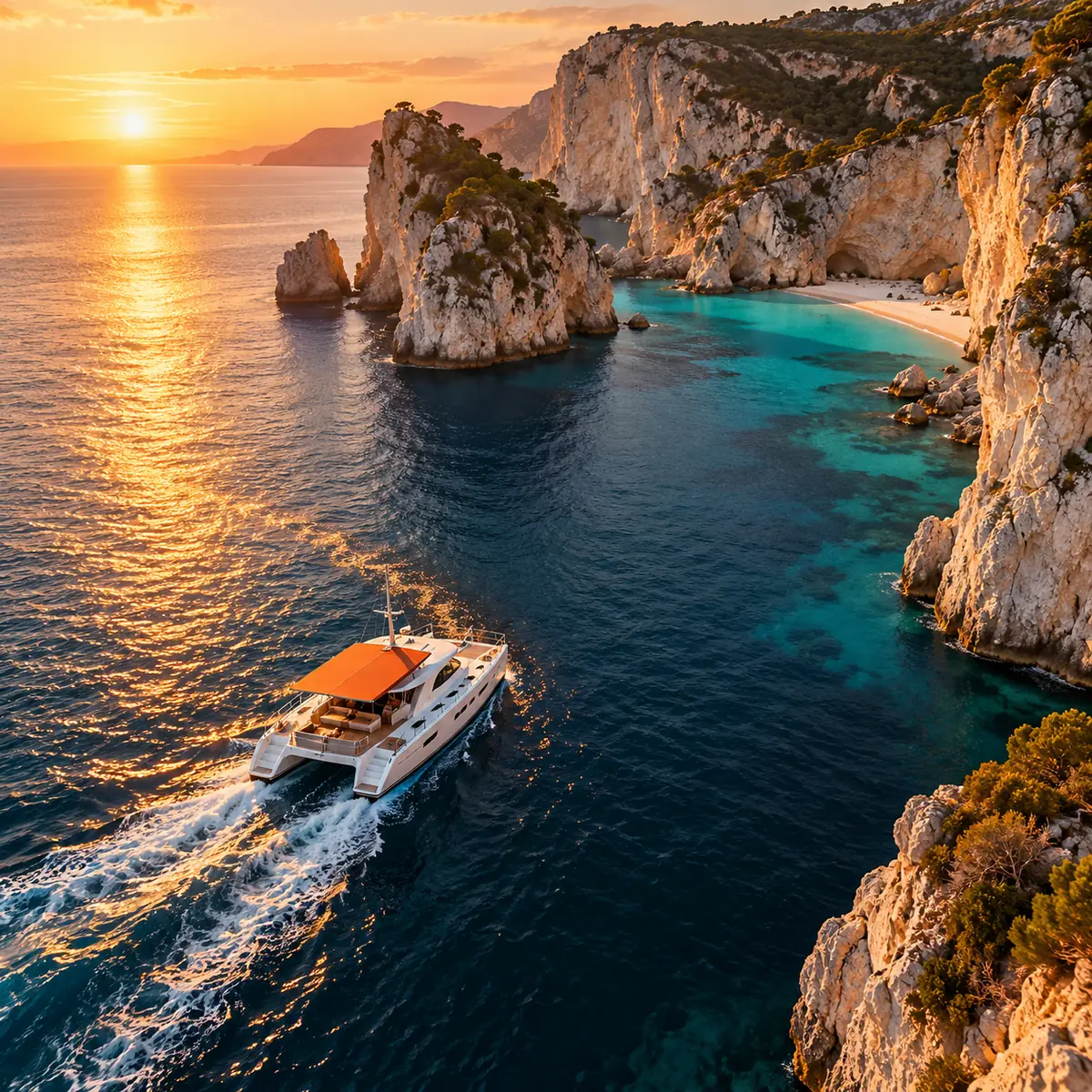 Cinematic aerial coastal excursion with a white day-tour catamaran and orange canopy in a sunlit cove.