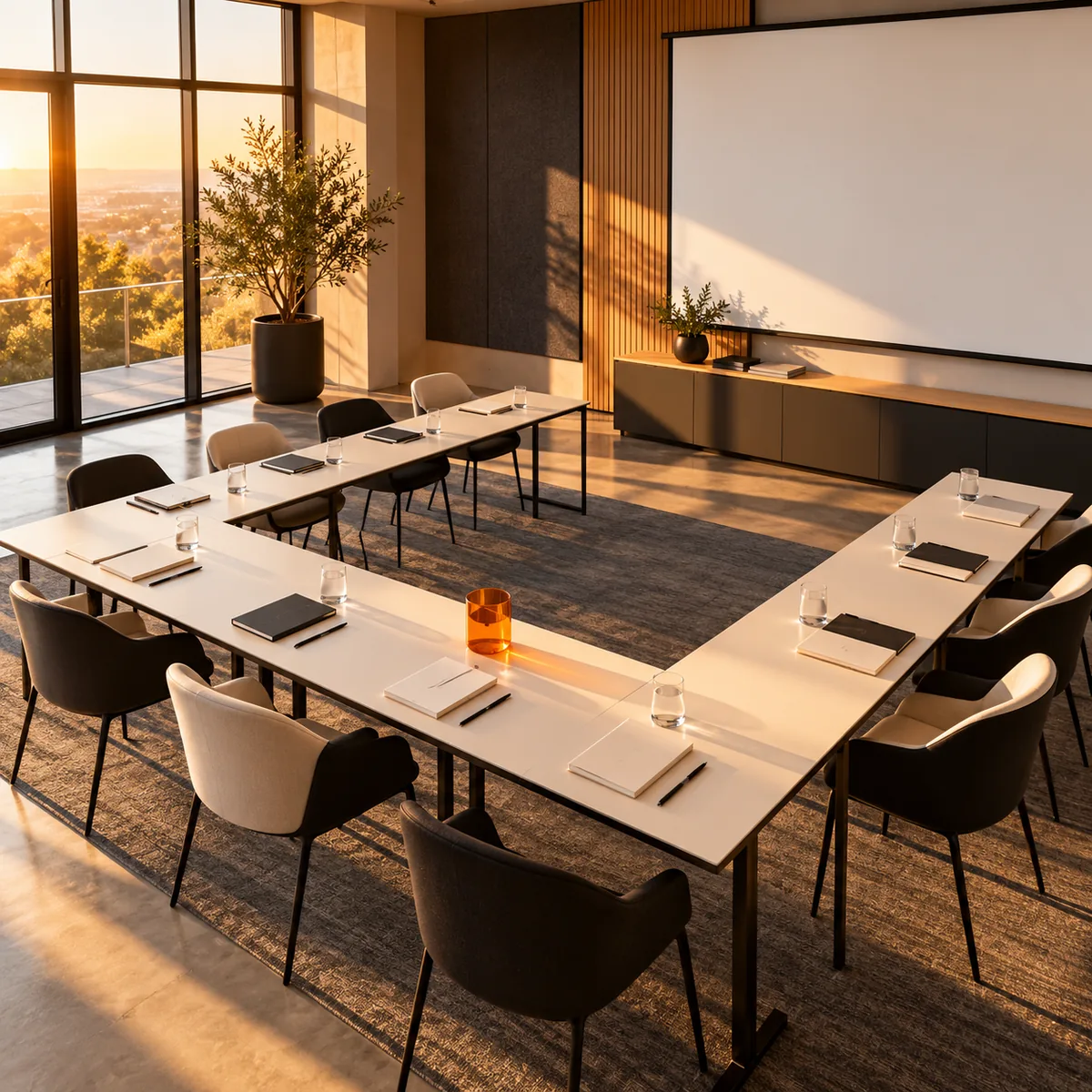 Empty modern professional training room with U-shaped seating, blank learning materials and warm orange light.