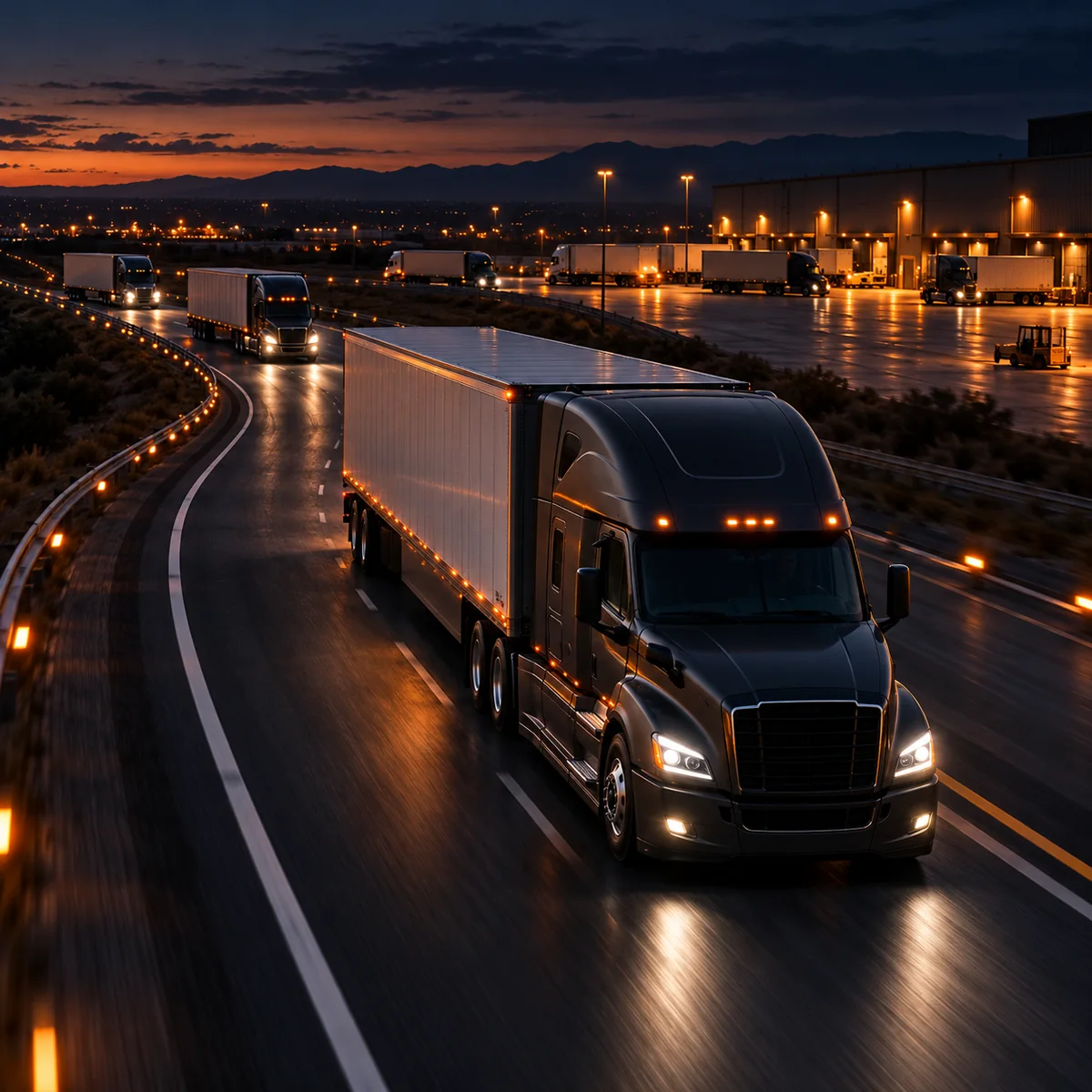 Modern charcoal semi-truck on a curving highway beside an illuminated freight yard at dusk, accented by warm orange route lights.